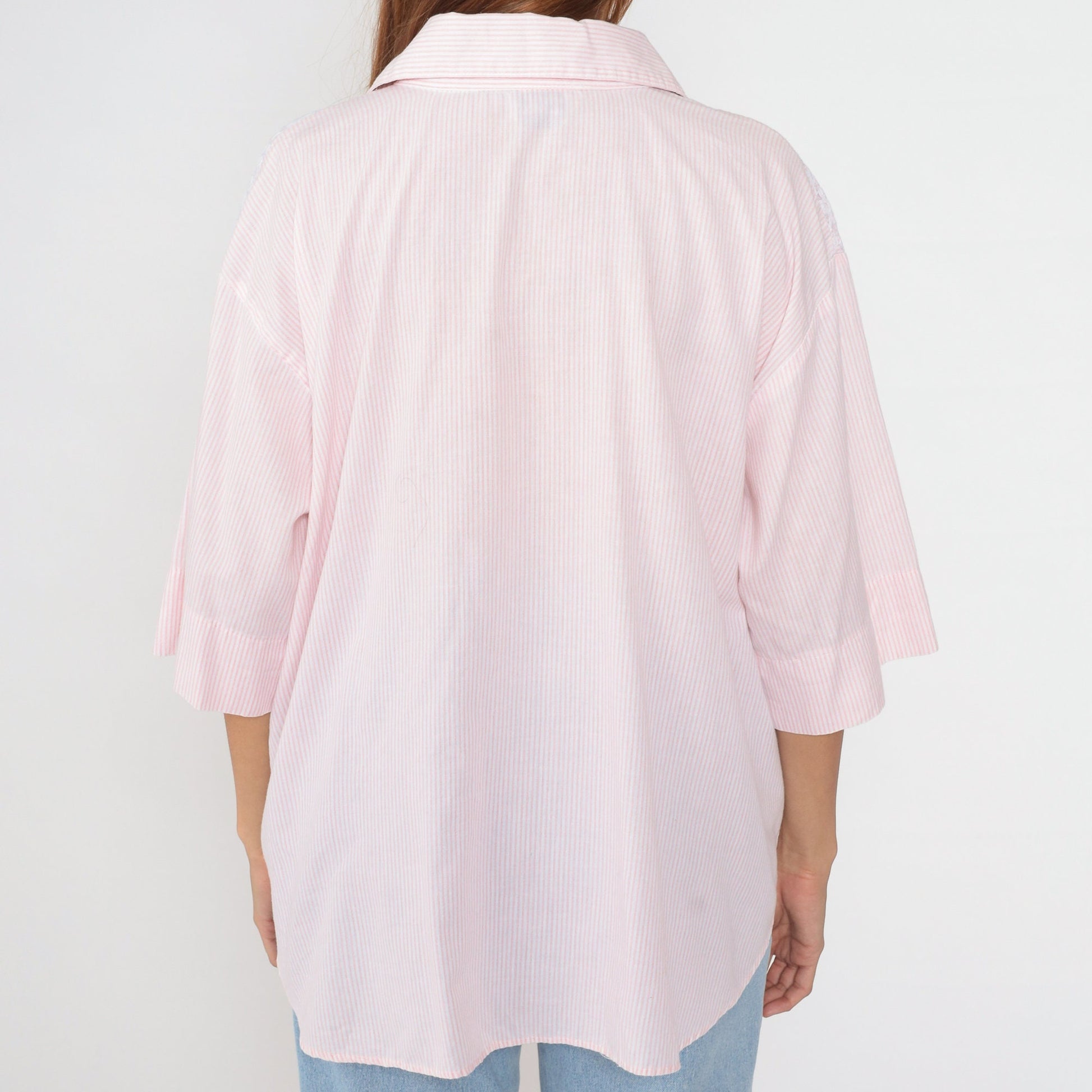 90s Pink White Striped Button-Up Blouse Lace Yoke Half Sleeve Extra Extra Large XXL