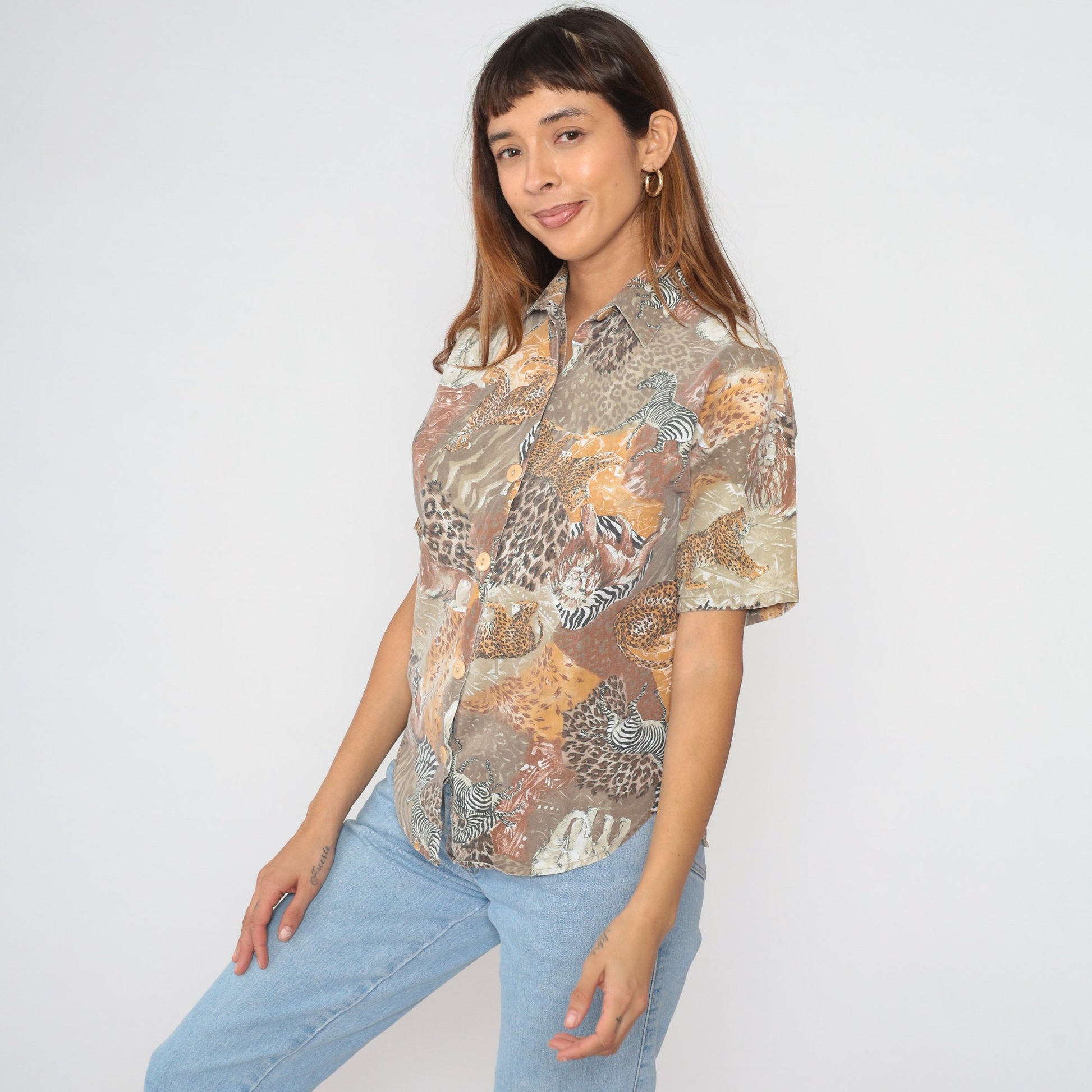 90s Safari Animal Print Button-Up Blouse Lion Zebra Elephant Medium