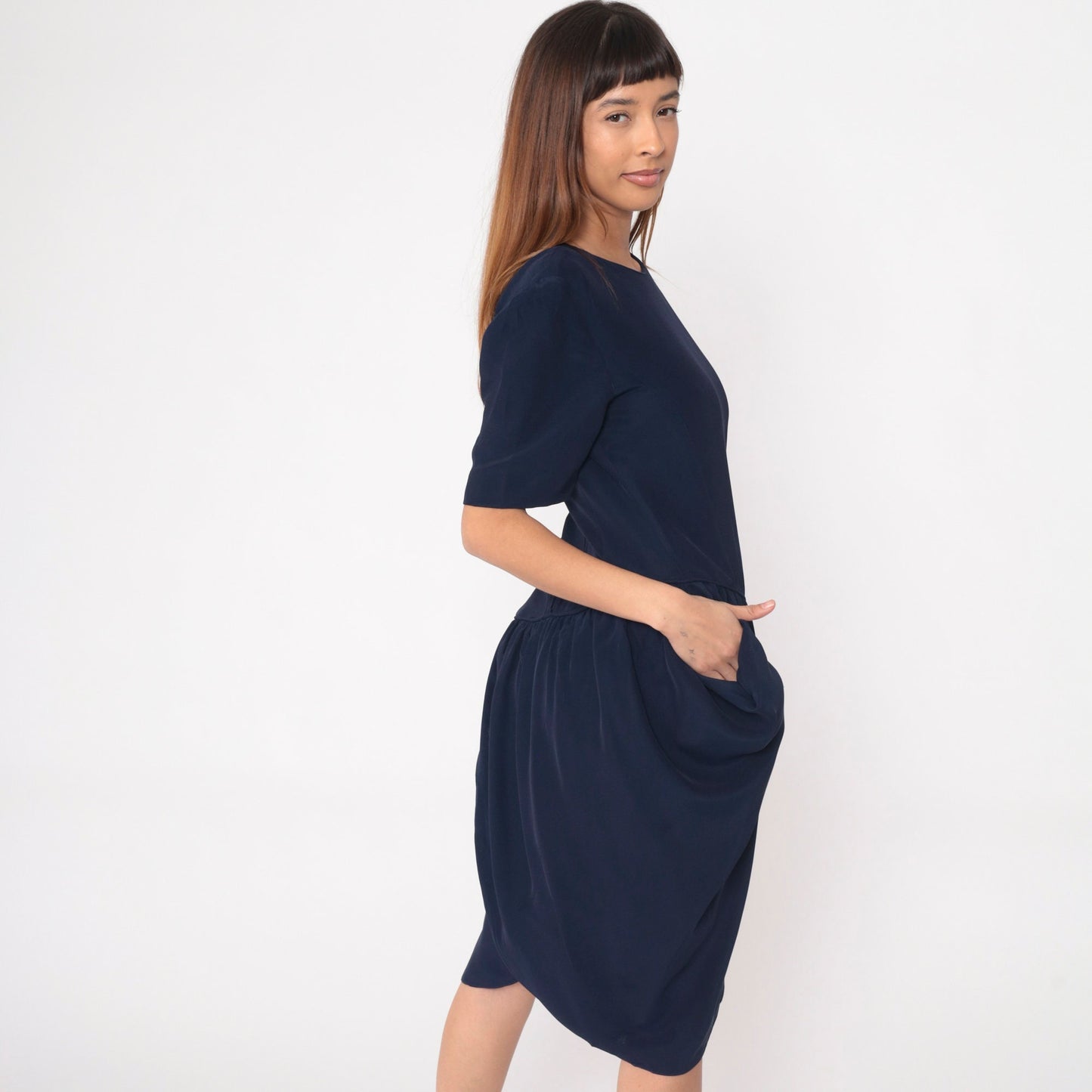 90s Navy Tulip Midi Dress Asymmetrical Drop Waist Gathered Pocket Medium 8