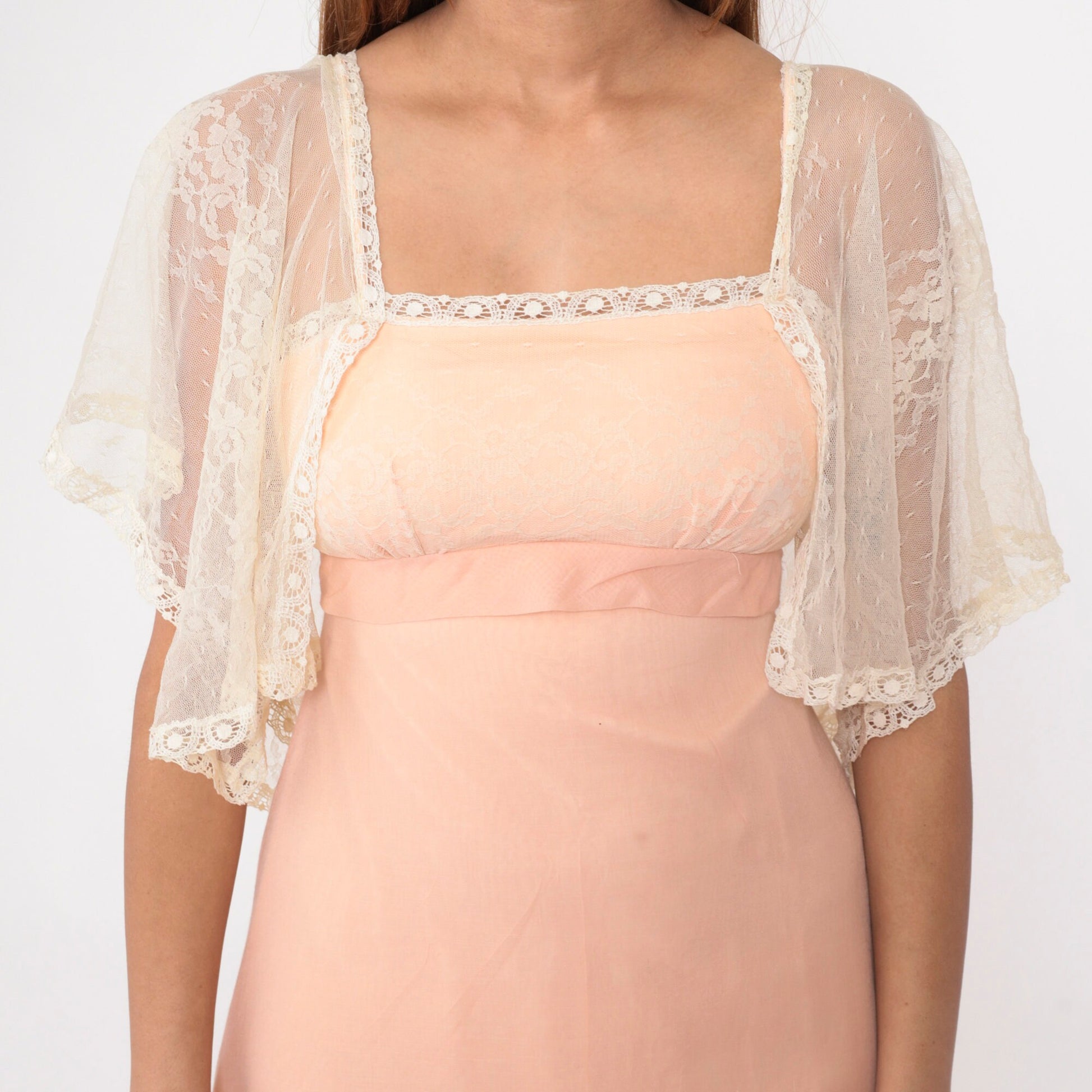 70s Peach Lace Maxi Dress Empire Waist Flutter Sleeve Small