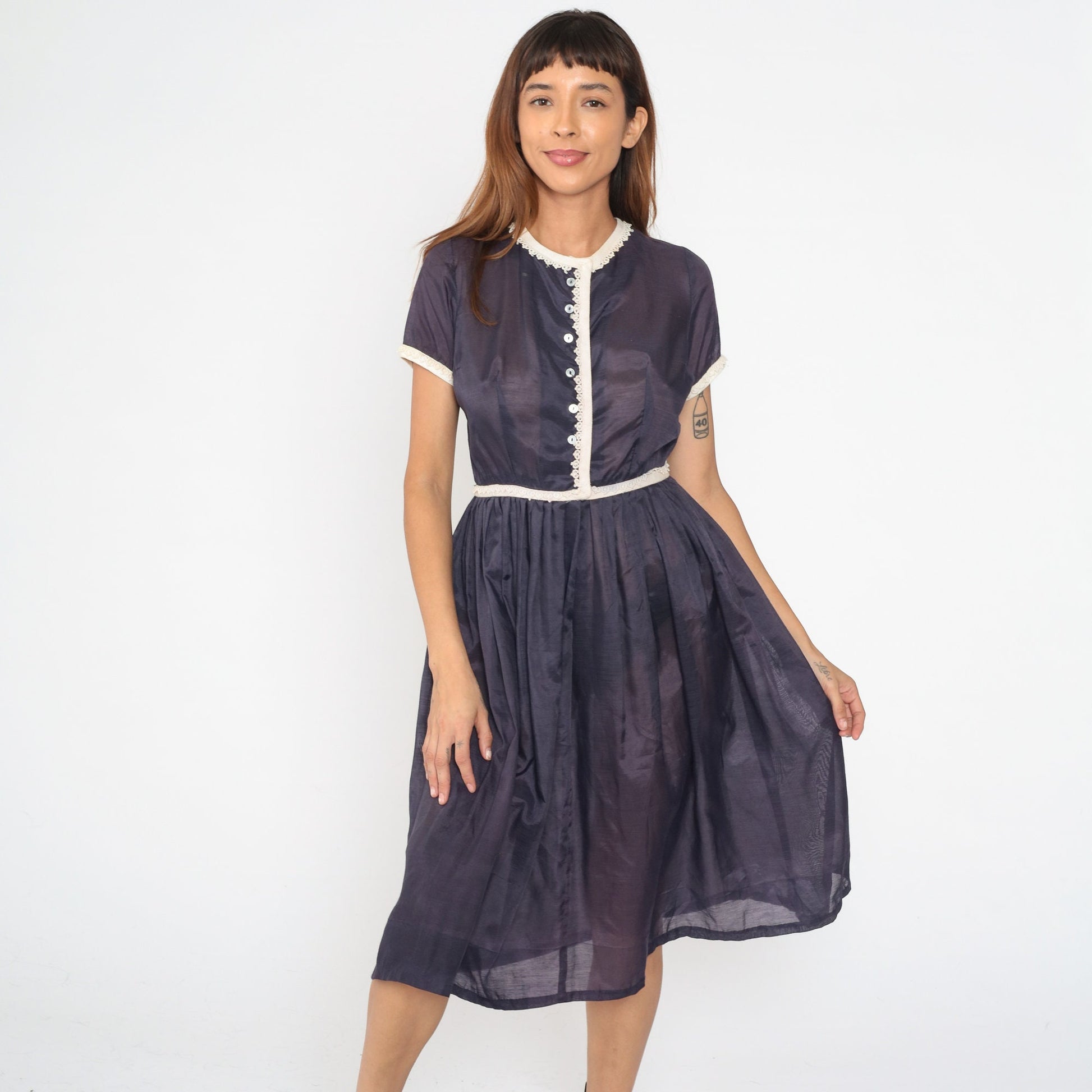 1950s Navy Sheer Button-Up Shirtdress Lace Trim Pleated Skirt Tea Length Small S