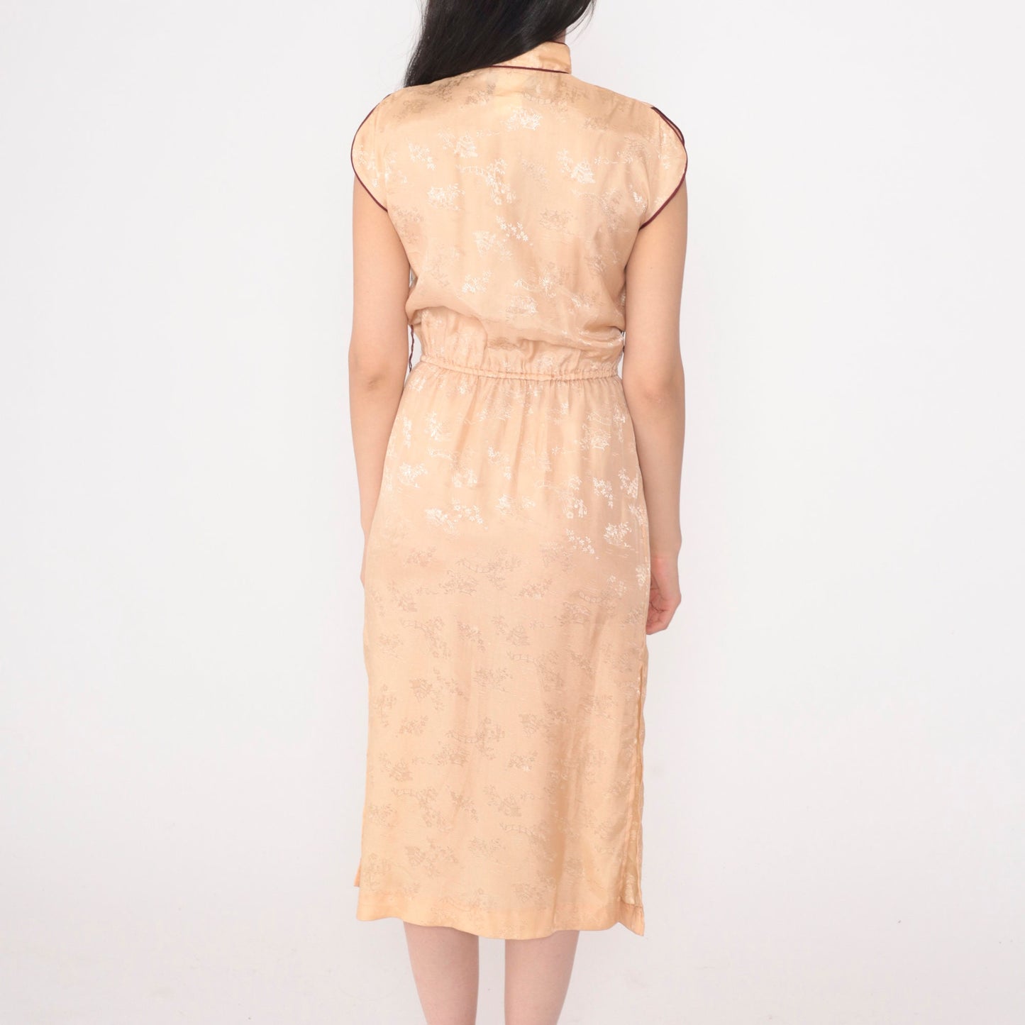 80s Peach Cheongsam Midi Dress Mandarin Collar Pagoda Print Small