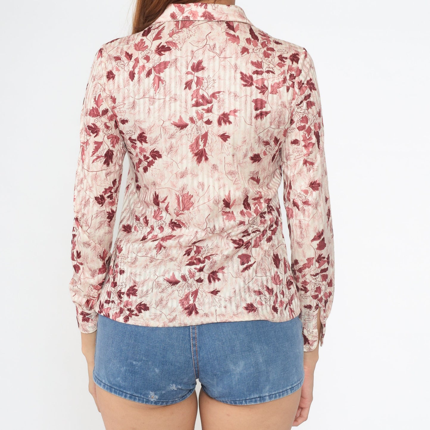 70s Leaf Print Button-Up Blouse Burgundy Pink Cream Long Sleeve Small
