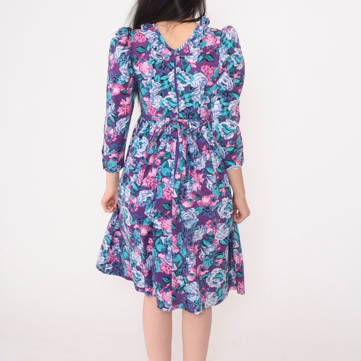 80s Purple Floral Midi Dress Puff Sleeve Basque Waist Ruffle Neckline XXS
