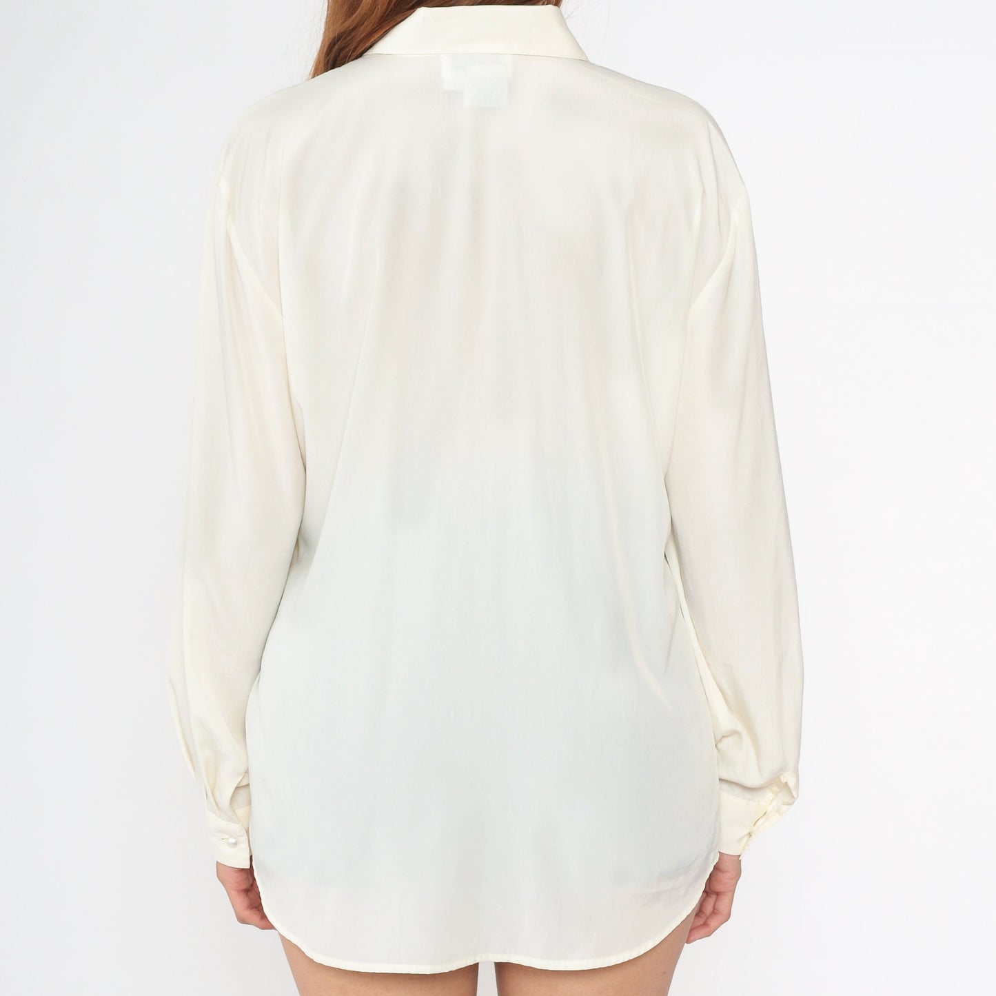 90s Cream Collared Blouse Hidden Button Long Sleeve Medium