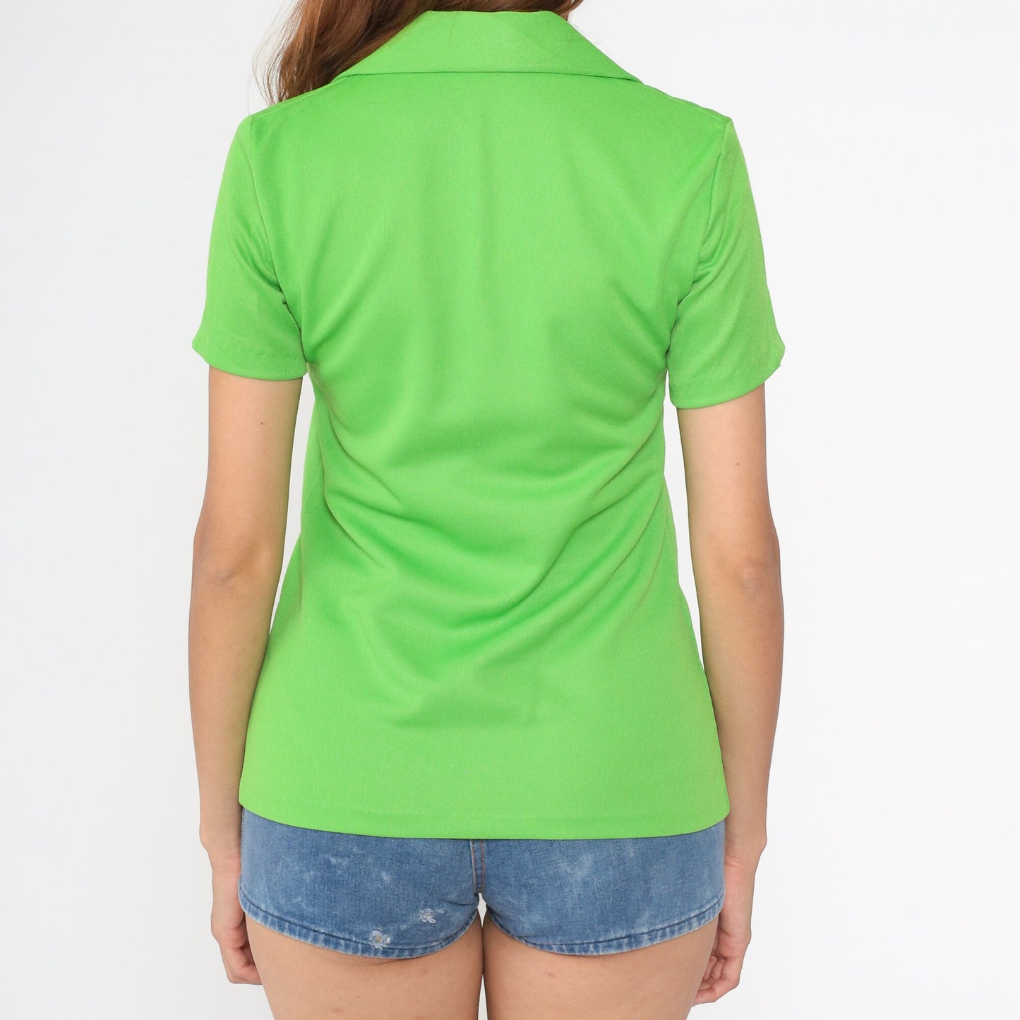 70s Lime Green Button-Up Blouse Short Sleeve Collar Small S