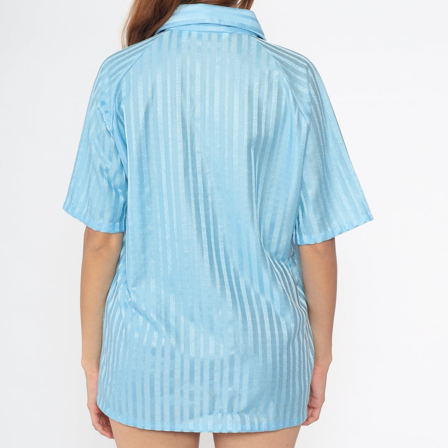 70s Lily Dache Baby Blue Striped Polo Shirt Men's Large L