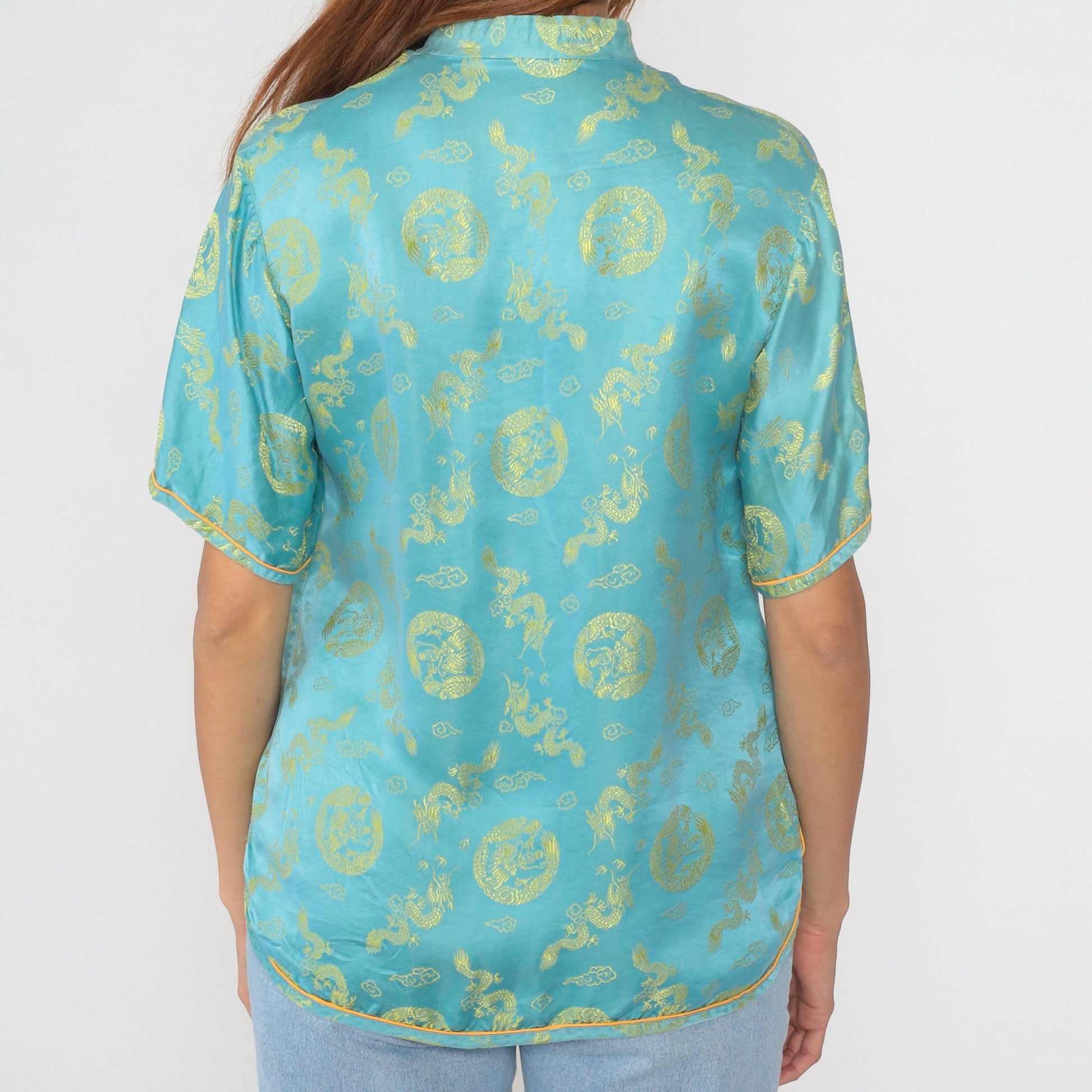 80s Cheongsam Blouse Blue Dragon Medallion Mandarin Collar Frog Button Medium