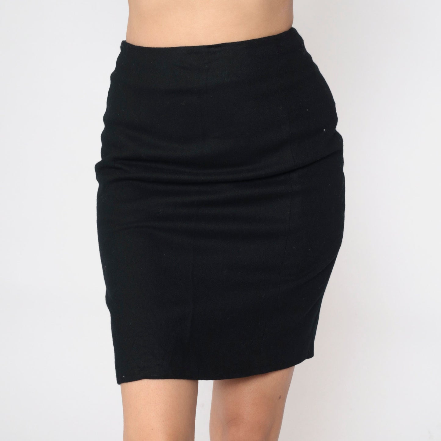 90s Black Wool Mini Pencil Skirt High Waist Rear Zip Extra Small XS