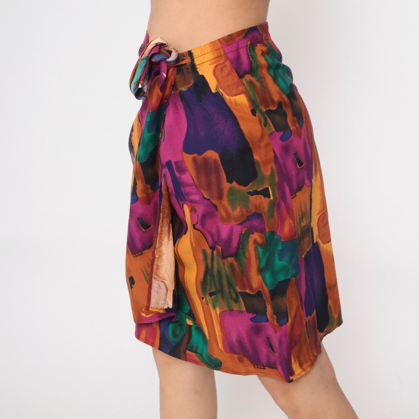 90s Sue Brett Abstract Watercolor Mini Skirt Faux Wrap Elastic Waist Medium Large