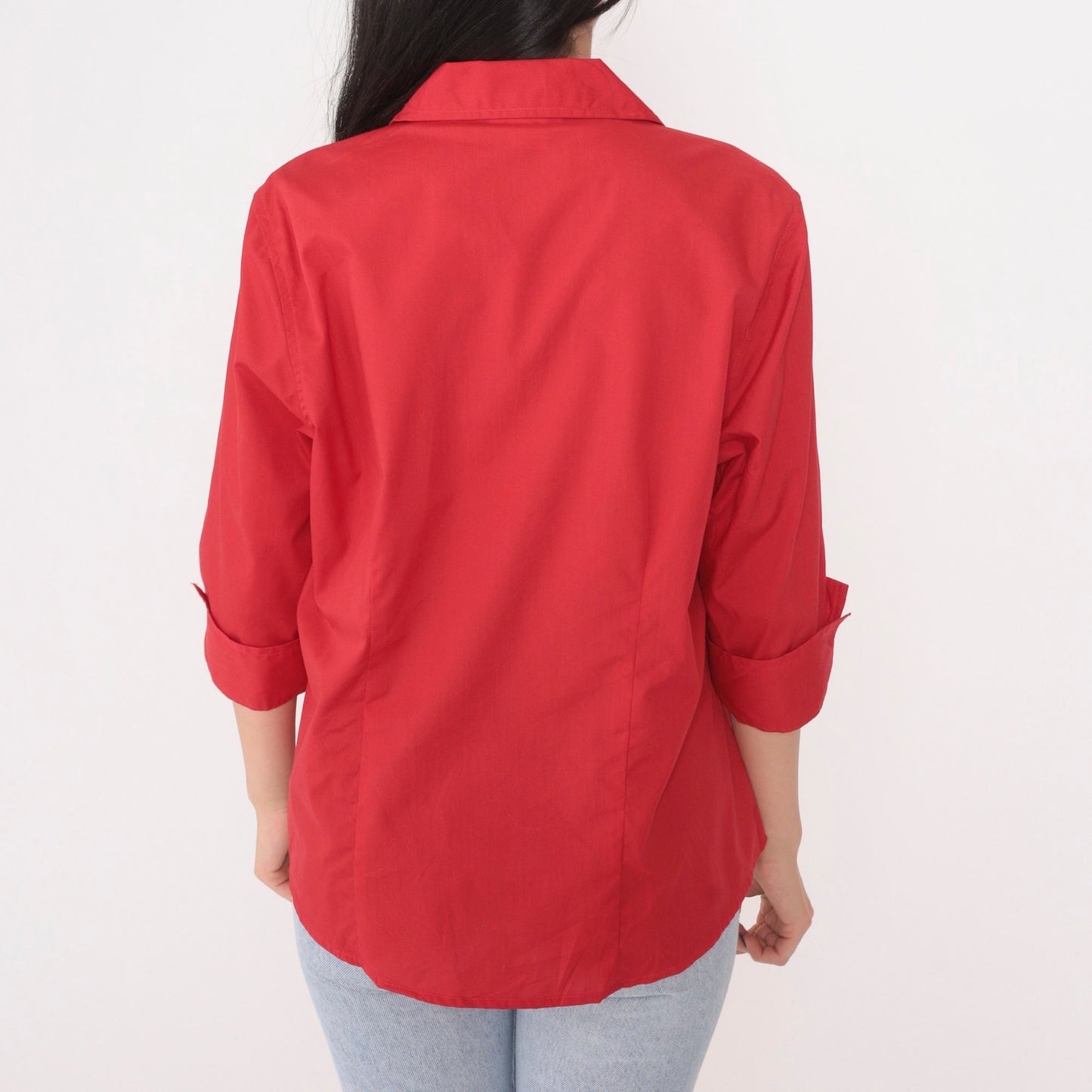 90s Red Studded Heart Button-Up Blouse Gold Silver Studs 3/4 Sleeve Medium M