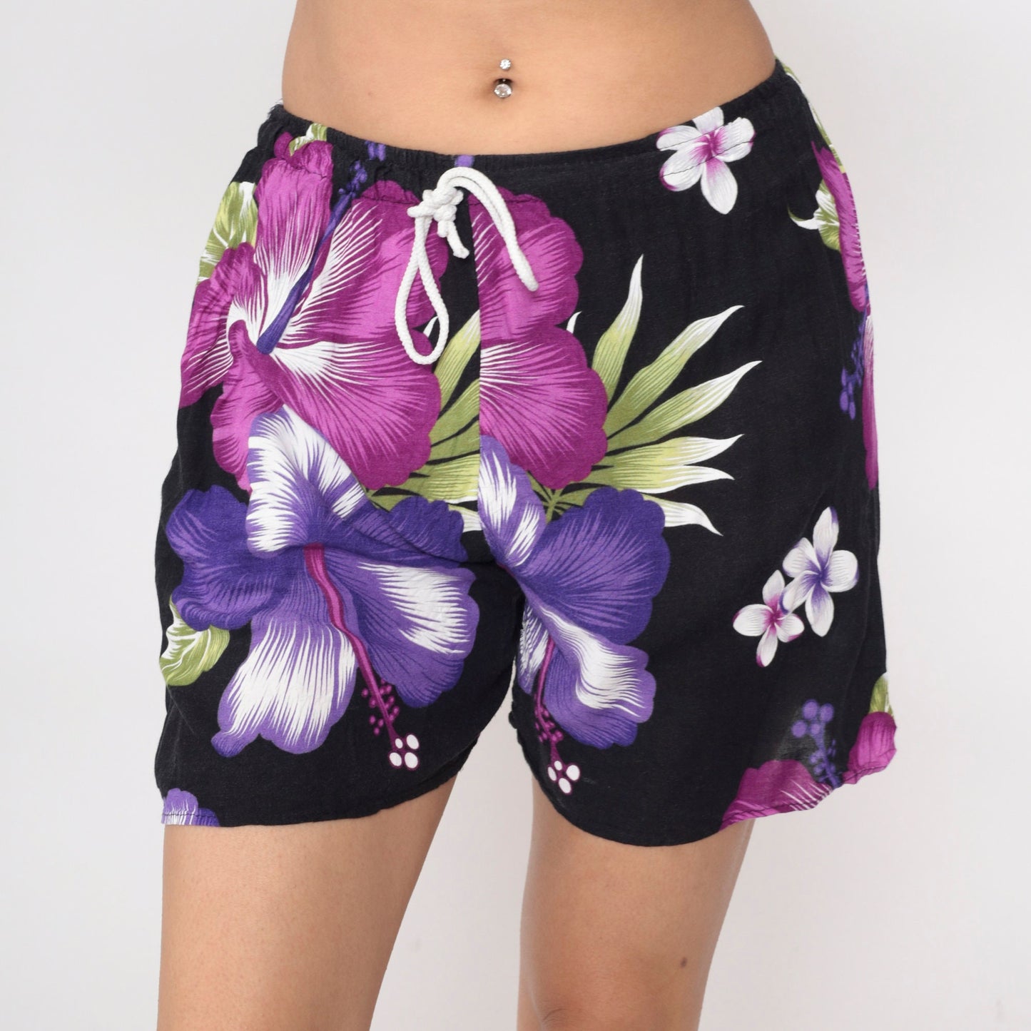 Y2K Black Rayon Shorts Purple Hibiscus Tropical Floral Drawstring Small Medium
