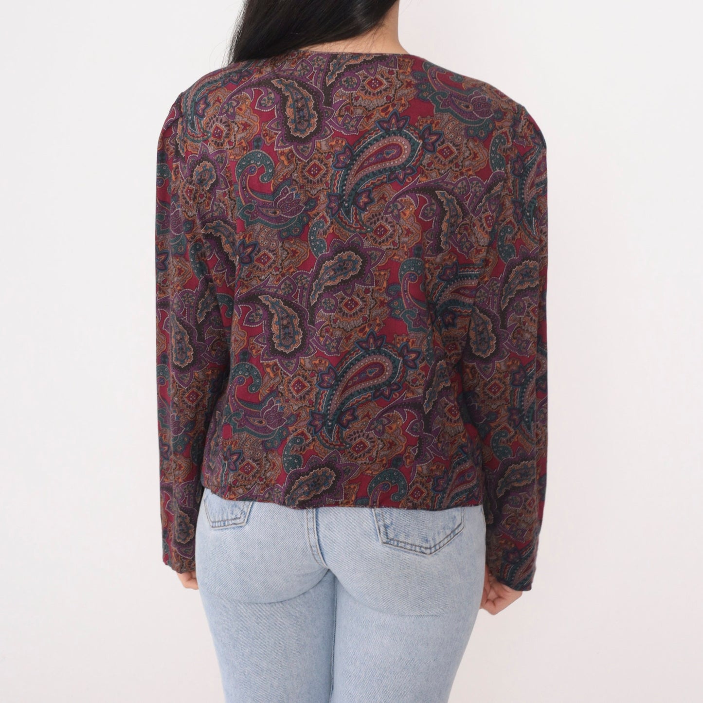 90s Maggy London Paisley Button-Up Blouse Long Sleeve Red Purple Green Large Petite