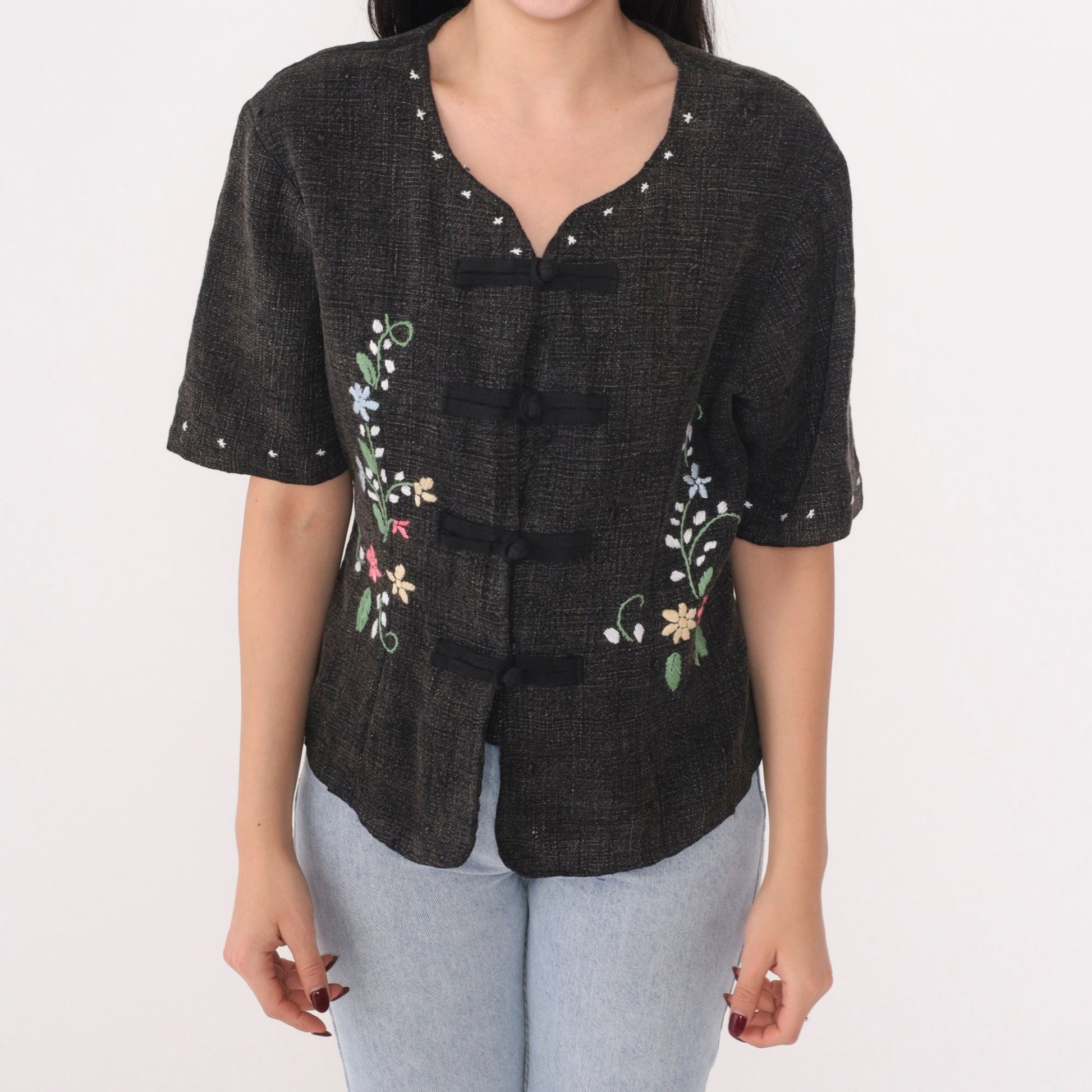 90s Floral Embroidered Dark Grey Button-Up Blouse Short Sleeve Small