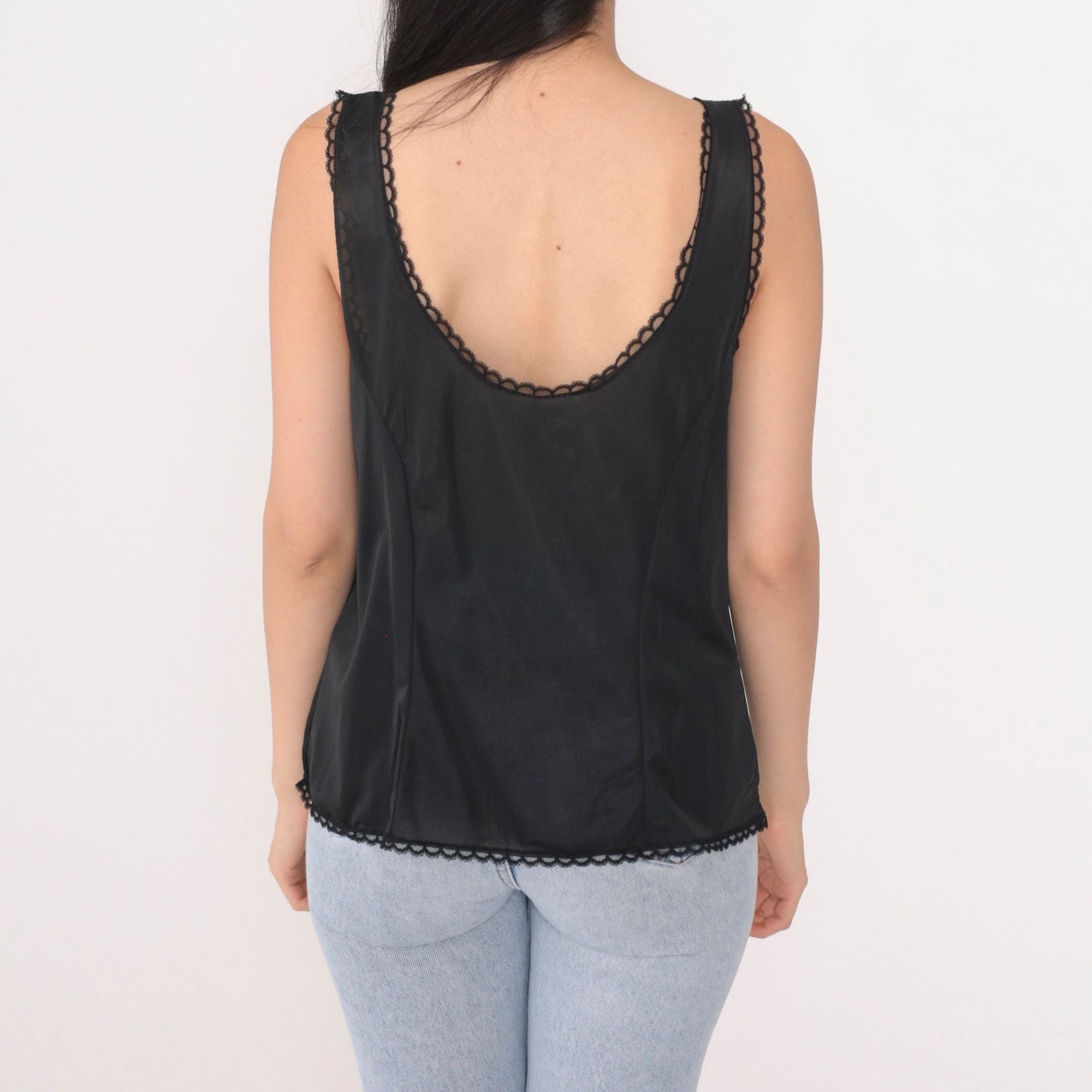70s Black Lace Camisole V-Neck Tank Top Lingerie Extra Large