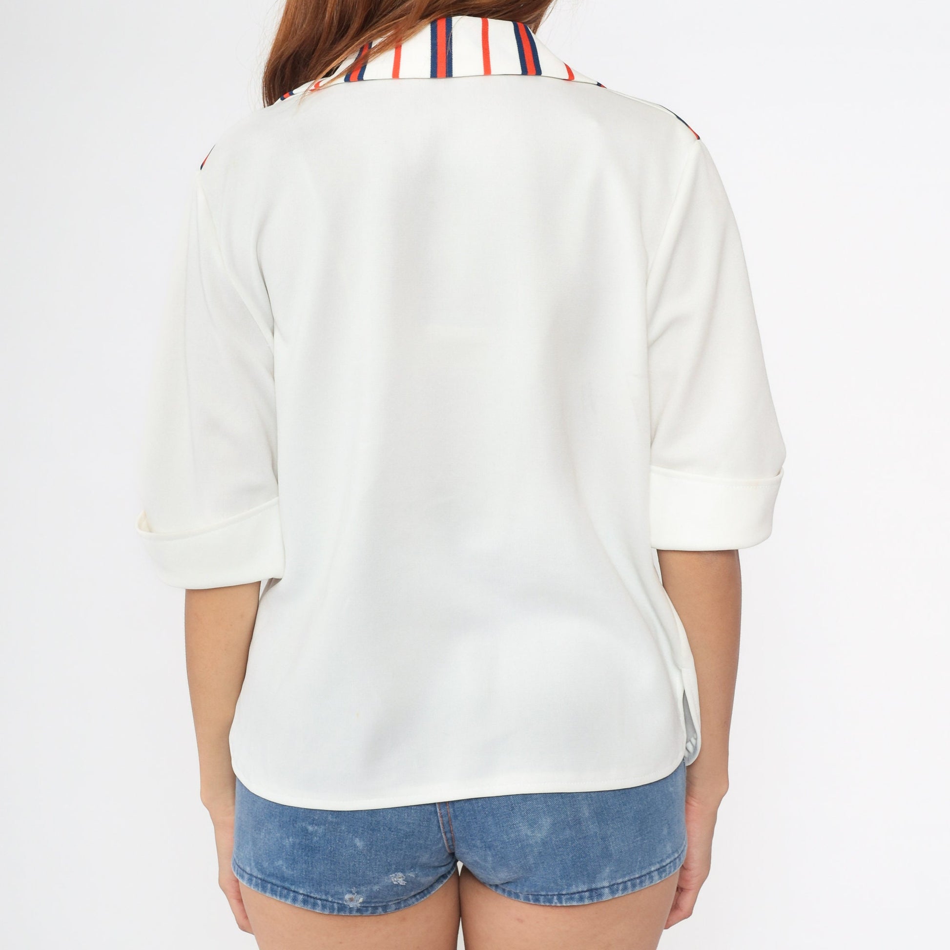 70s Open Front Jacket Off-White Navy Orange Striped Short Sleeve Medium