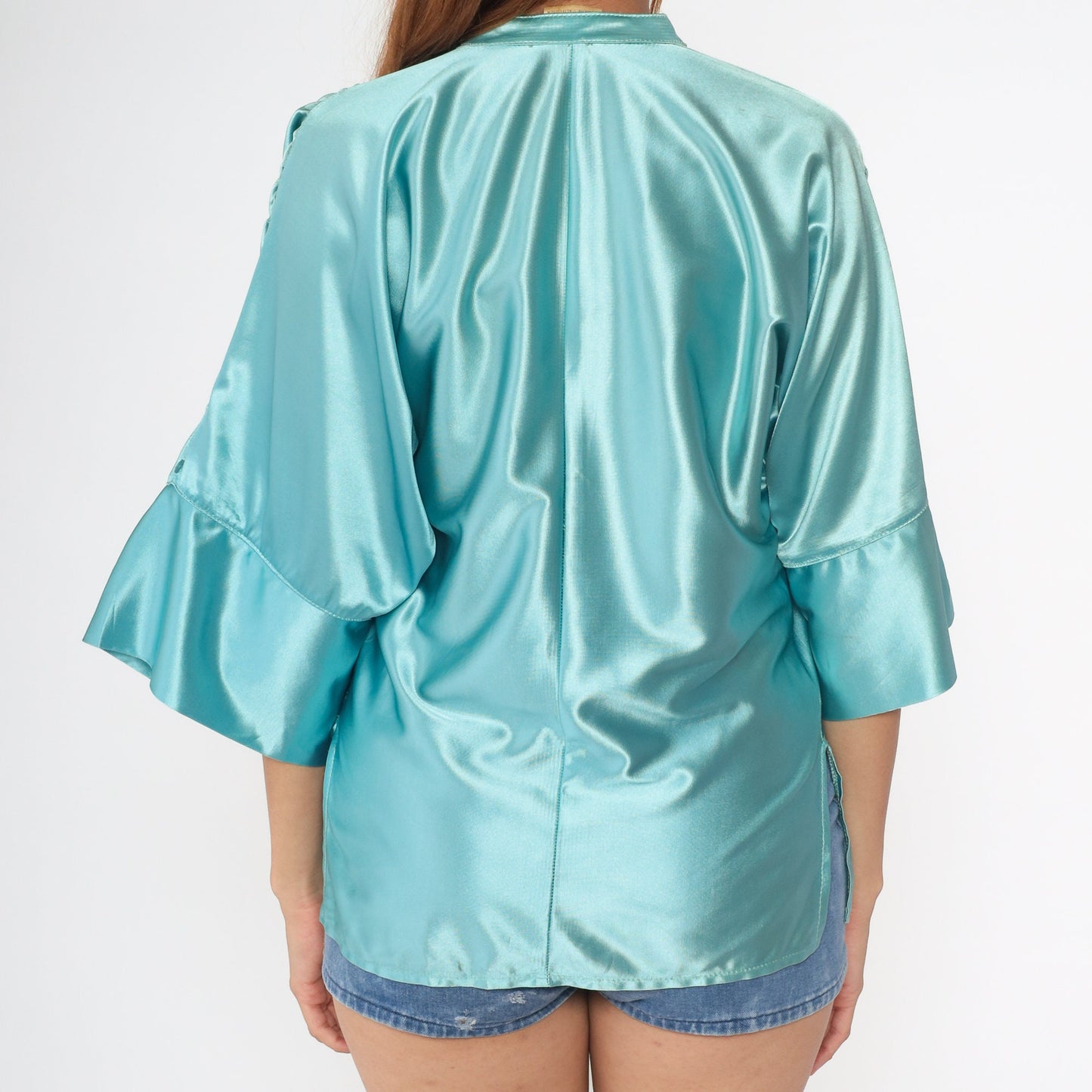 70s Jon Pier Shiny Blue Mandarin Collar Blouse V-Neck 3/4 Sleeve Small S