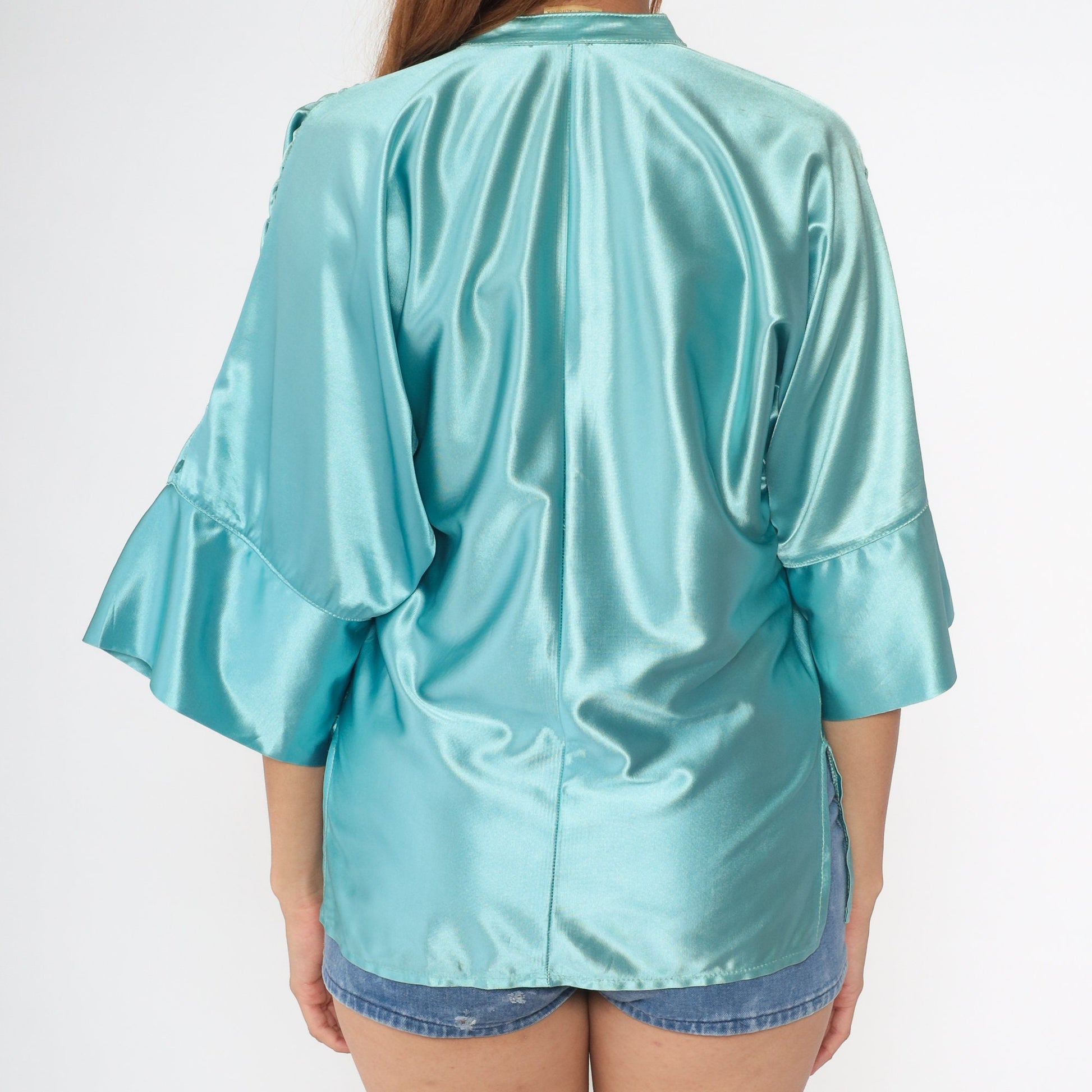 70s Jon Pier Shiny Blue Mandarin Collar Blouse V-Neck 3/4 Sleeve Small S