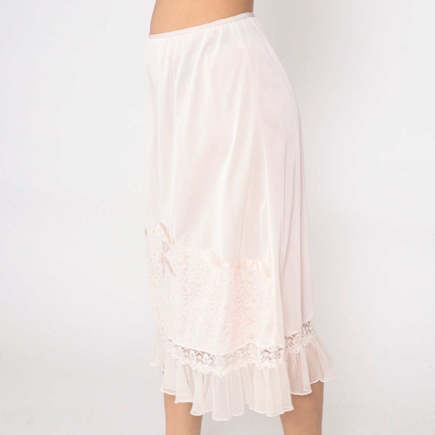 70s Lane Bryant Baby Pink Nylon Slip Skirt Lace Floral Applique Medium Large
