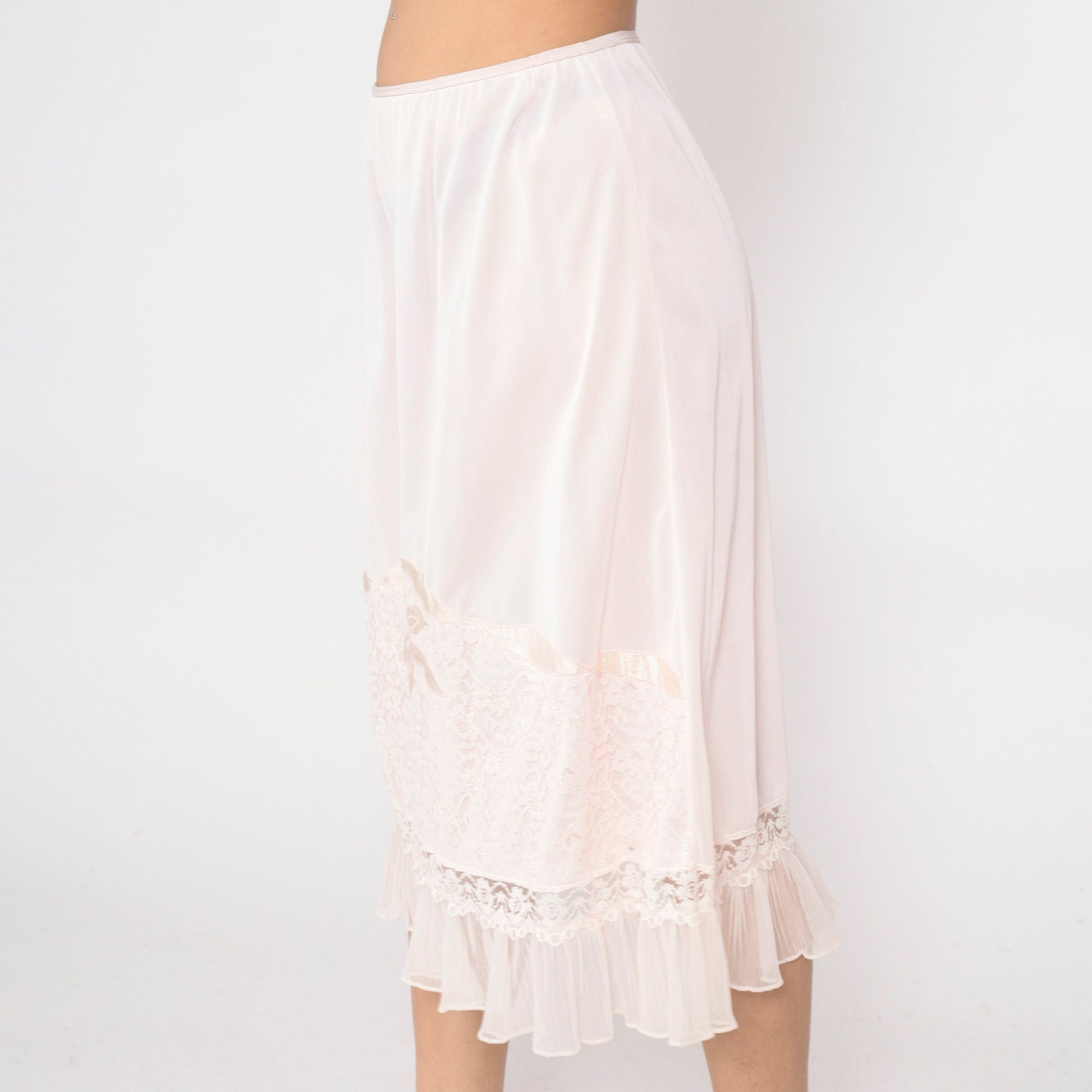 70s Lane Bryant Baby Pink Nylon Slip Skirt Lace Floral Applique Medium Large