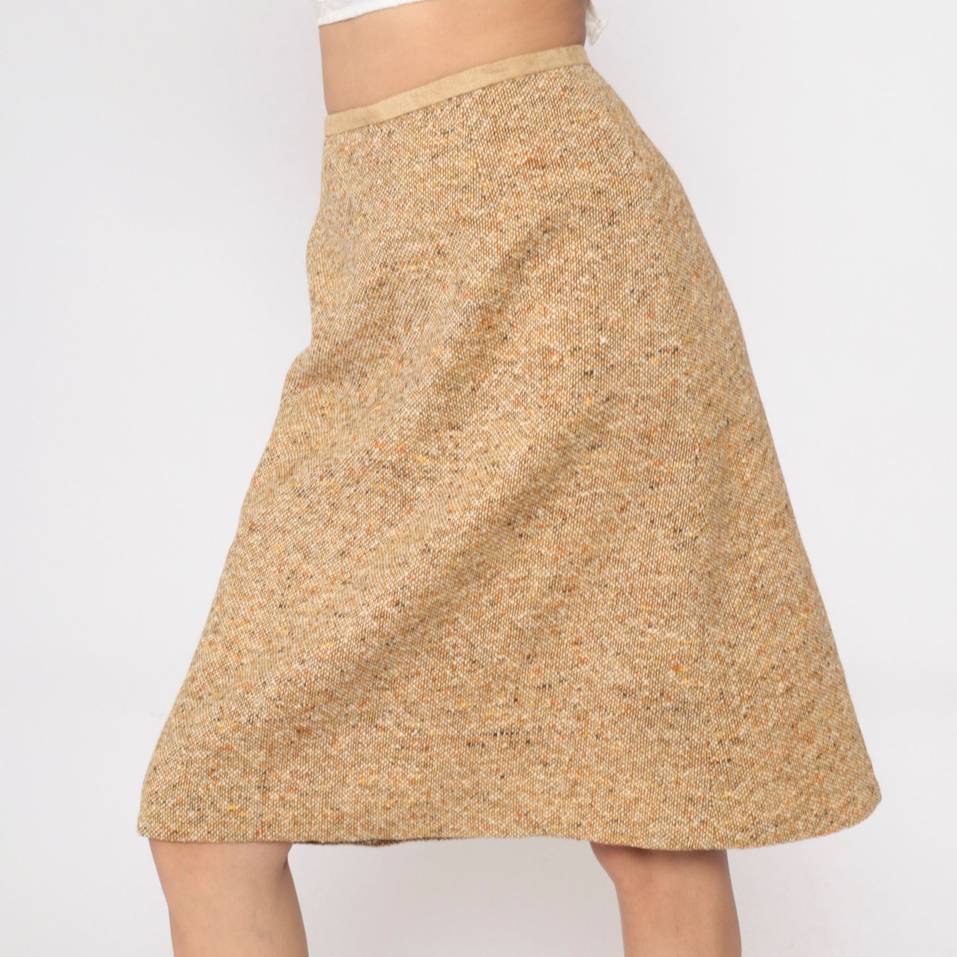 60s Tan Flecked Pencil Skirt High Waisted Tweed-Look Midi Small