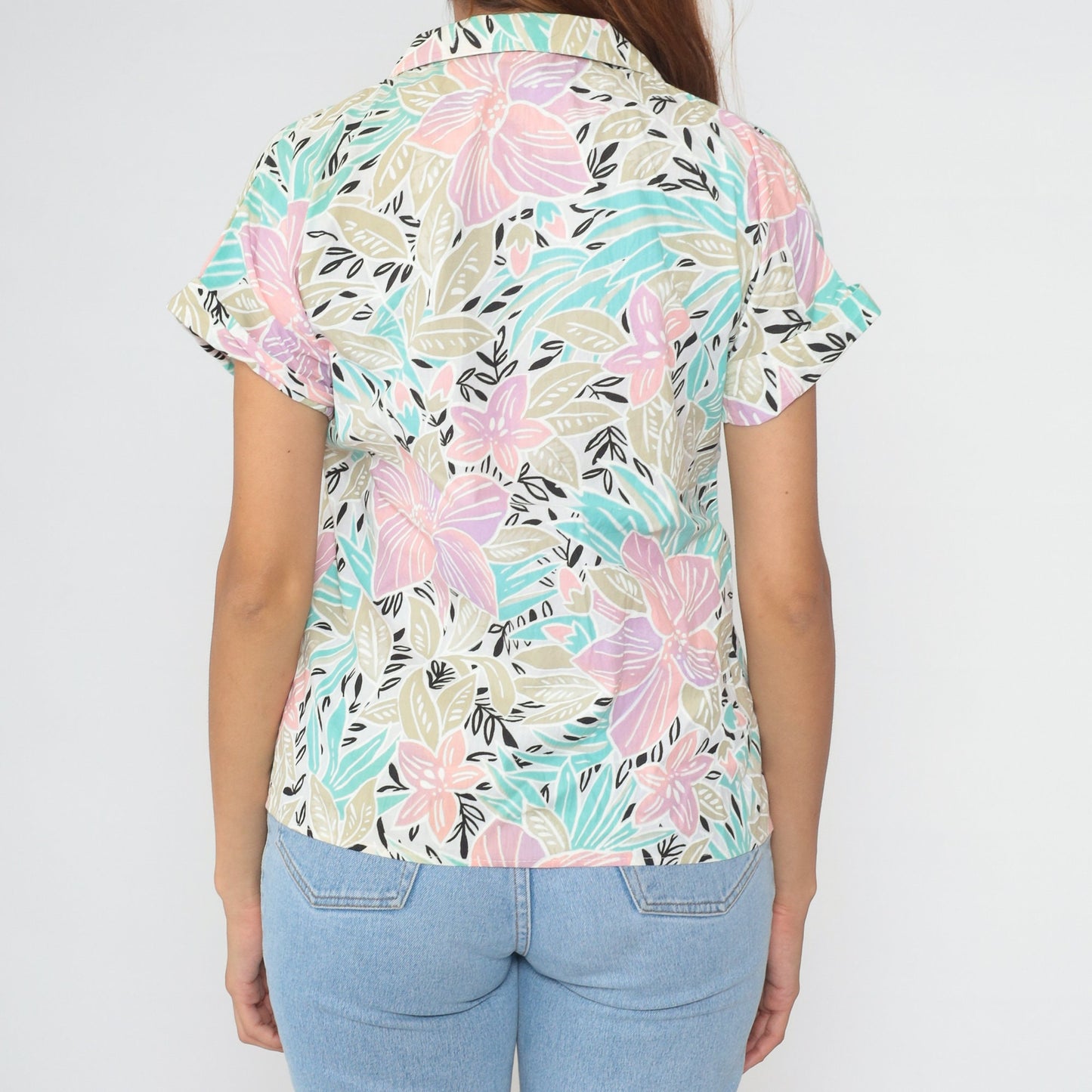 80s Giovelli Tropical Floral Button-Up Blouse Pastel Turquoise Pink Cap Sleeve Small
