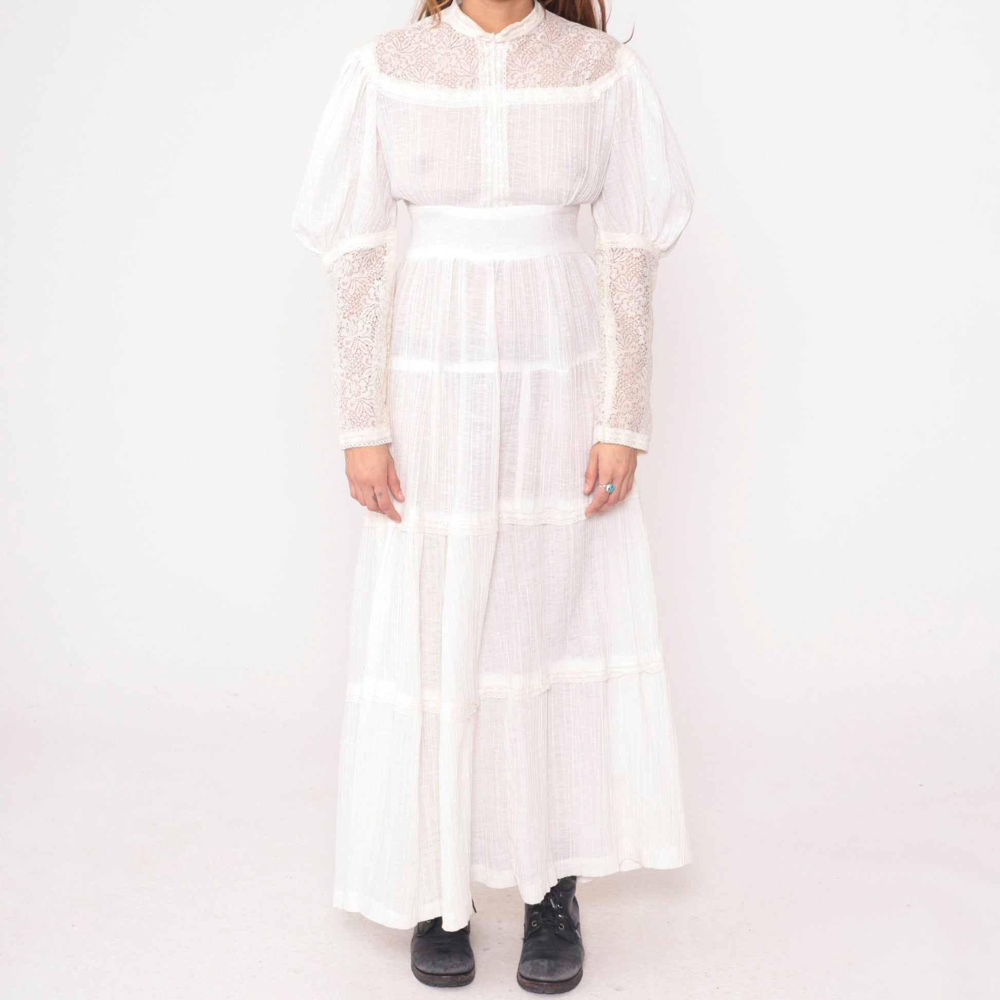 70s Maxi Dress Gauze Lace High Neck Tie Waist Long Sleeve Off-White Medium