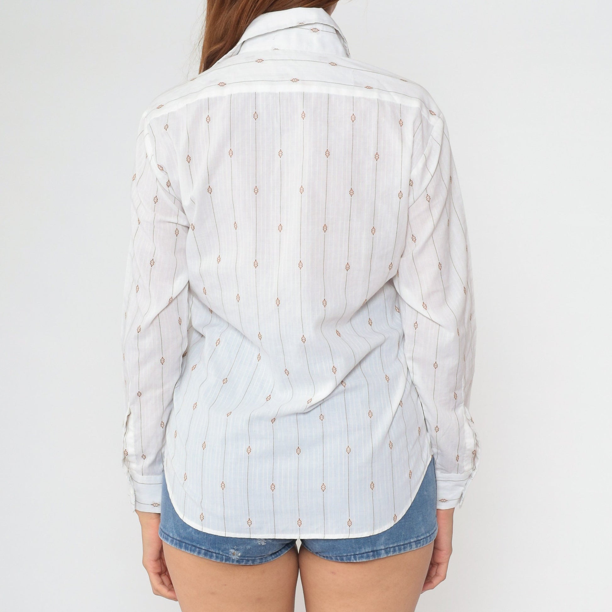 70s White Pinstriped Oxford Button-Up Shirt Dagger Collar Long Sleeve Small