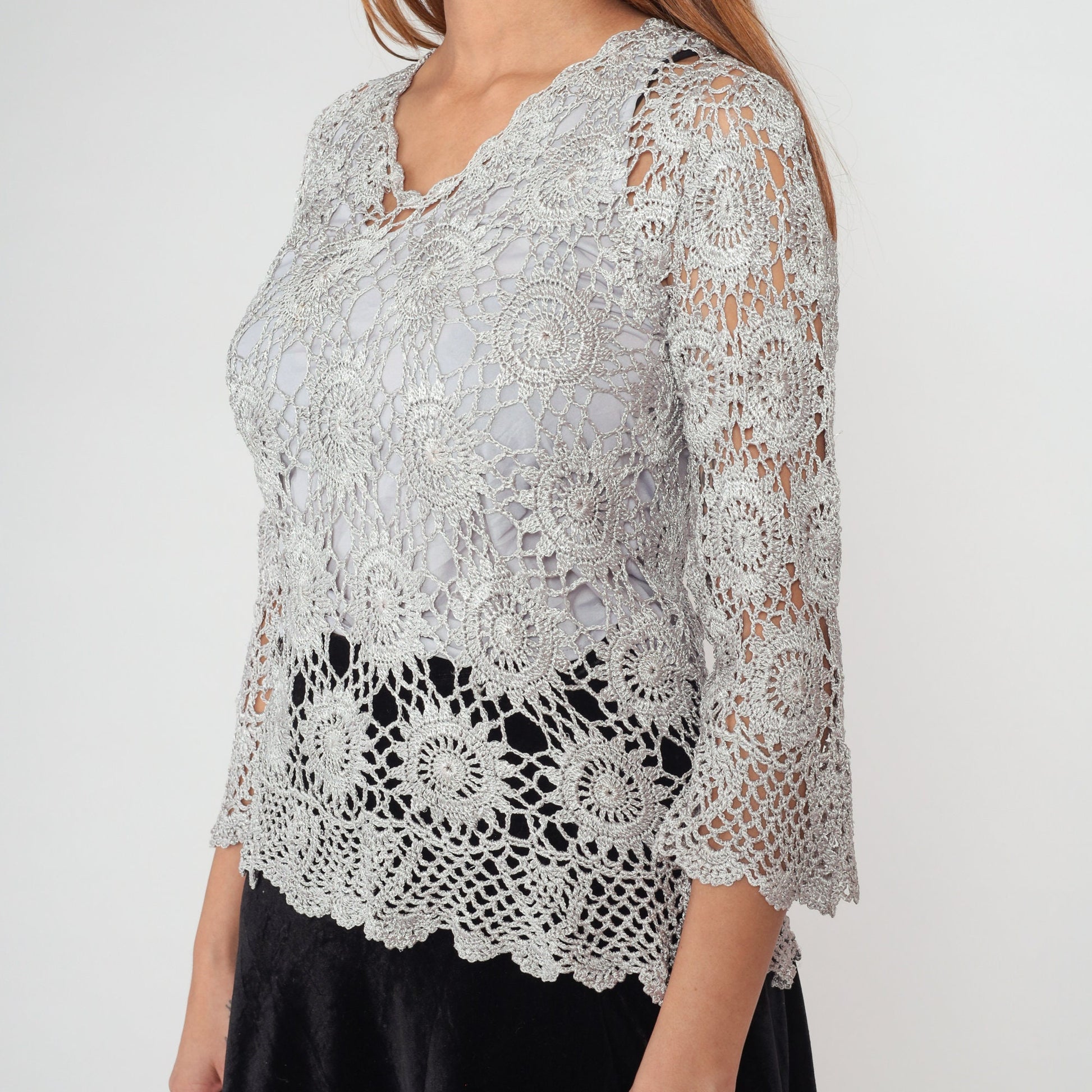 90s Grey Crochet Sun Design Pullover Blouse 3/4 Sleeve Medium M