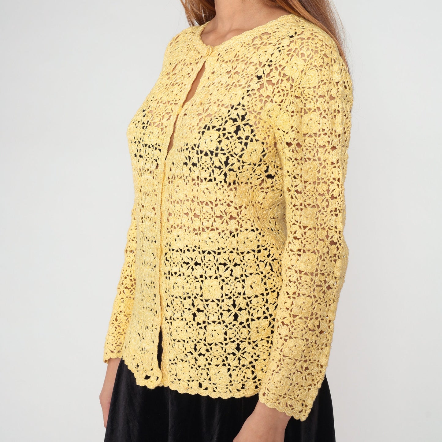 80s Yellow Crochet Cardigan Floral Cutout Cotton Knit Medium