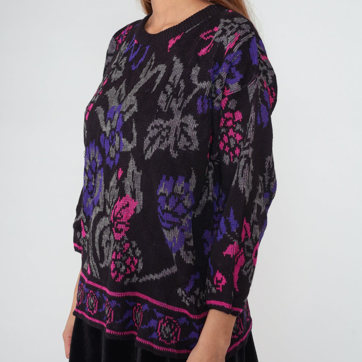 80s Black Floral Knit Sweater Pink Purple Rose All-Over Print Large L