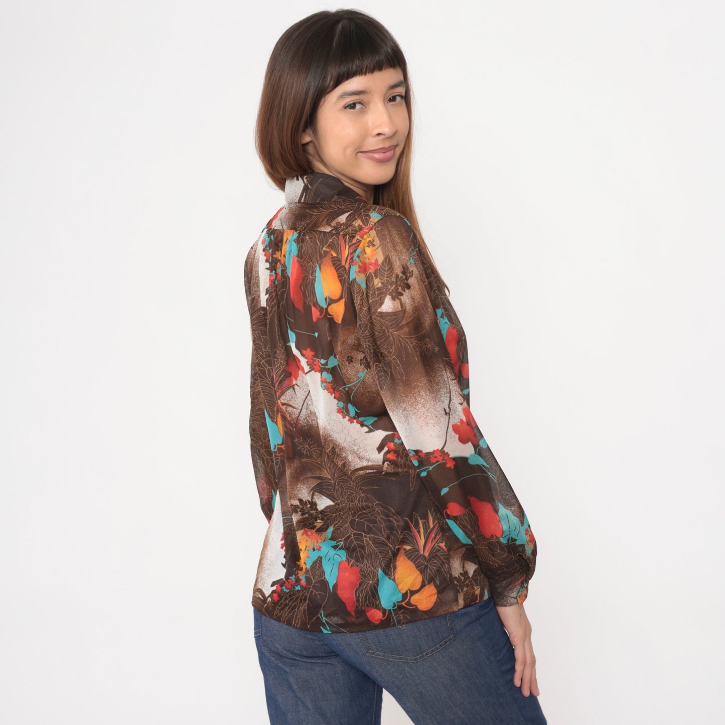 70s Teddi Tropical Leaf Print Button-Up Blouse Brown Long Sleeve Extra Large