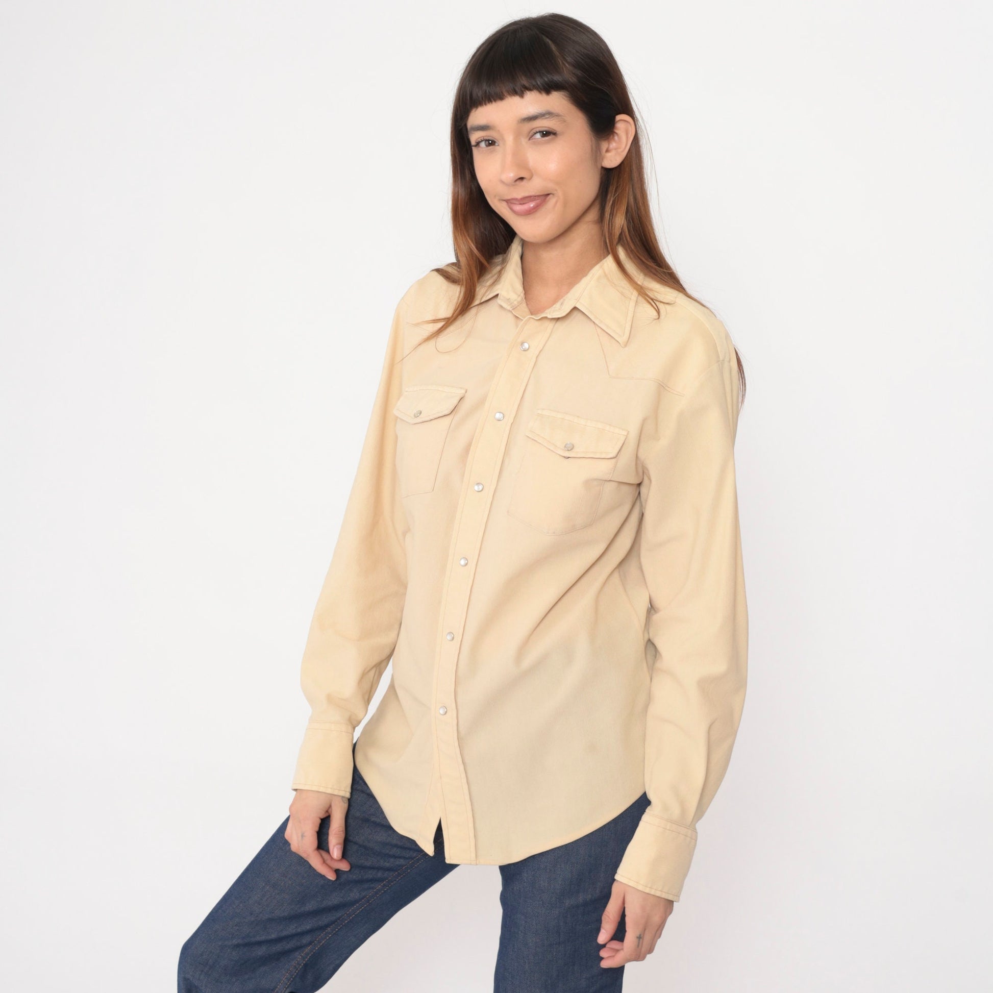 70s Western Pearl Snap Shirt Cream Ribbed Long Sleeve Large L