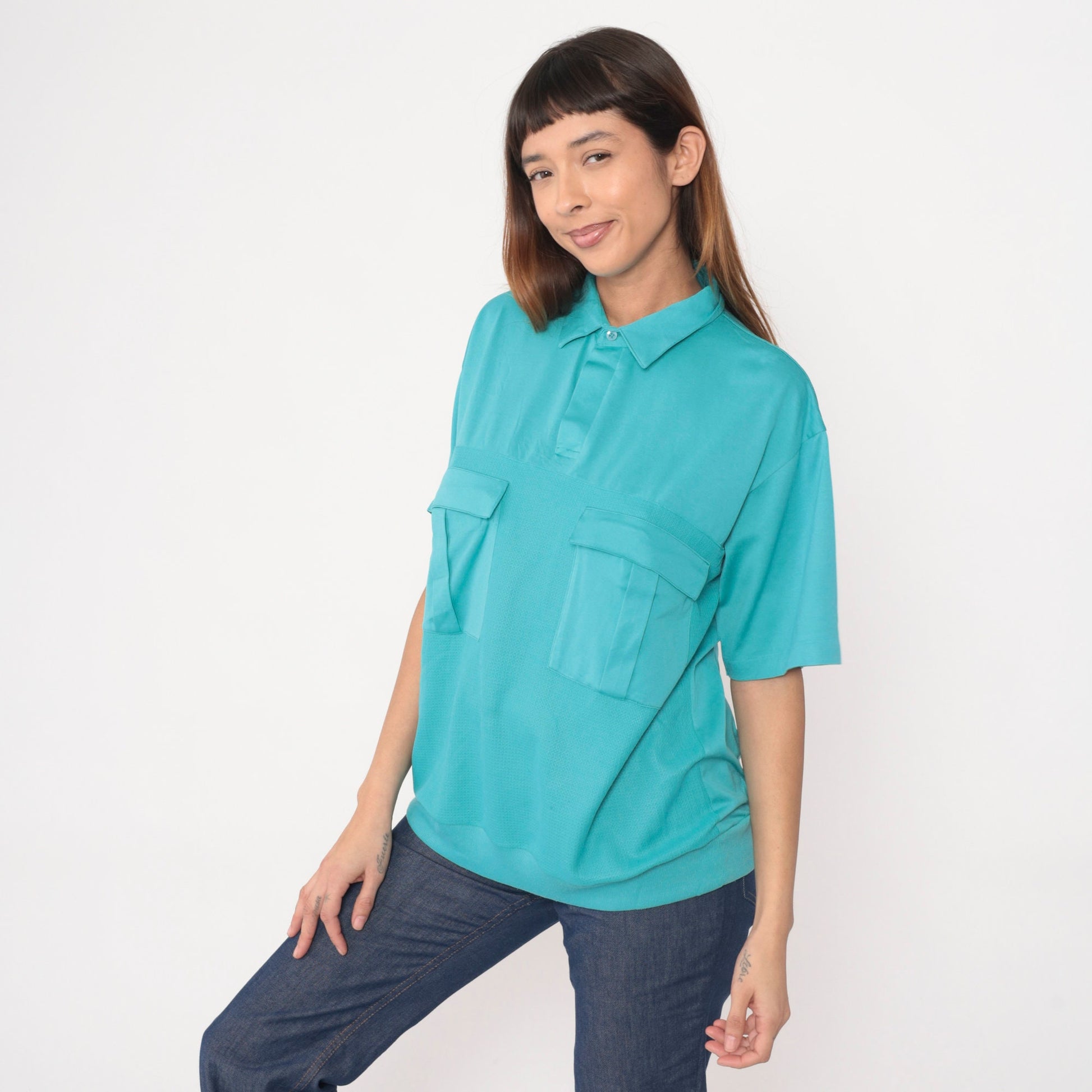 80s Turquoise Polo Shirt Cotton Blend Chest Pocket Banded Hem Extra Large XL
