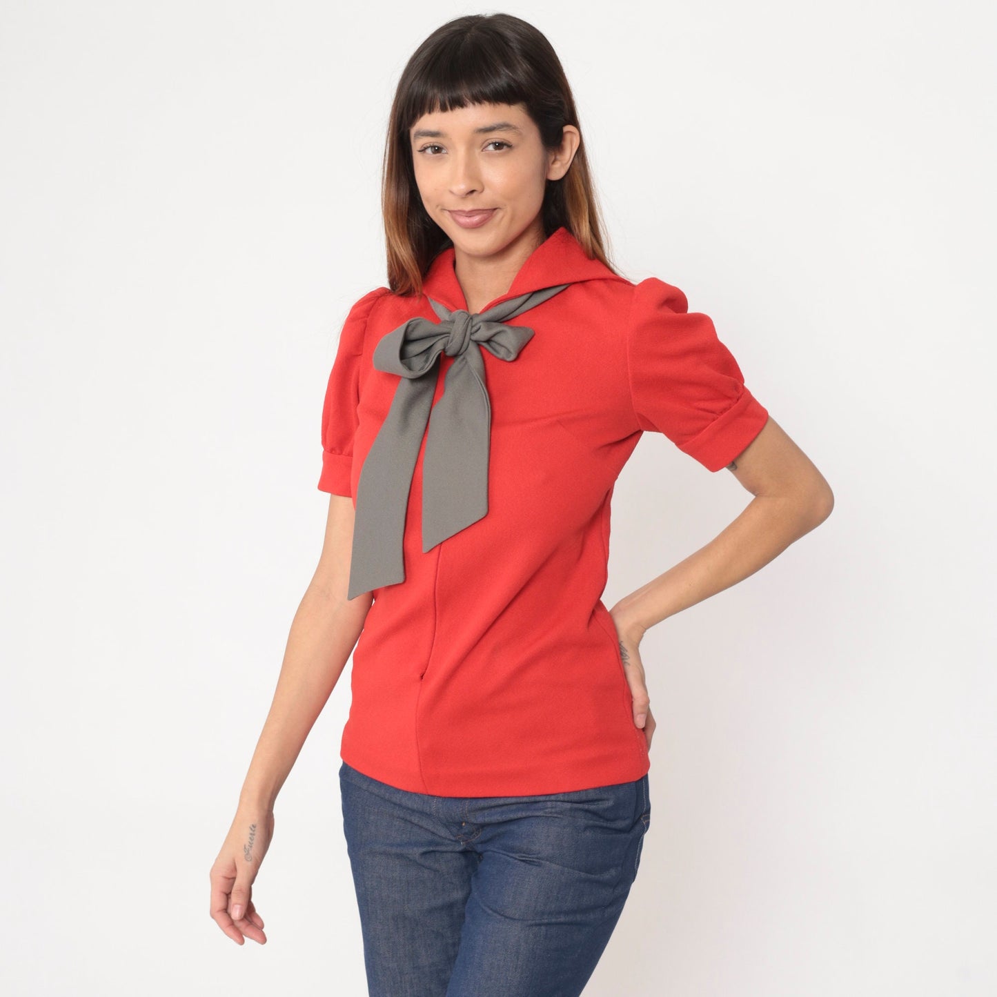 70s Red Sailor Collar Blouse Grey Ascot Puff Sleeve Front Zip Small