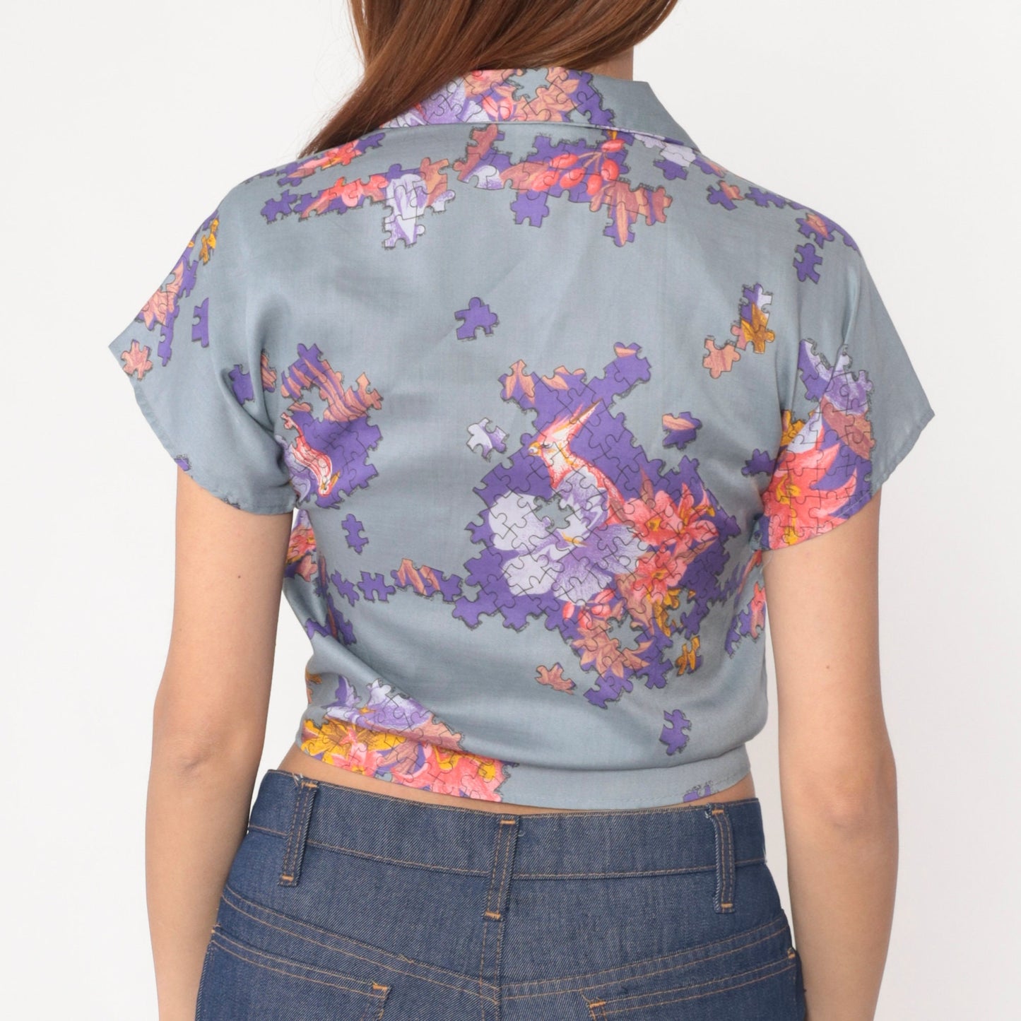 80s Tropical Bird Puzzle Pieces Tie Waist Shirt Grey Purple Rayon Small