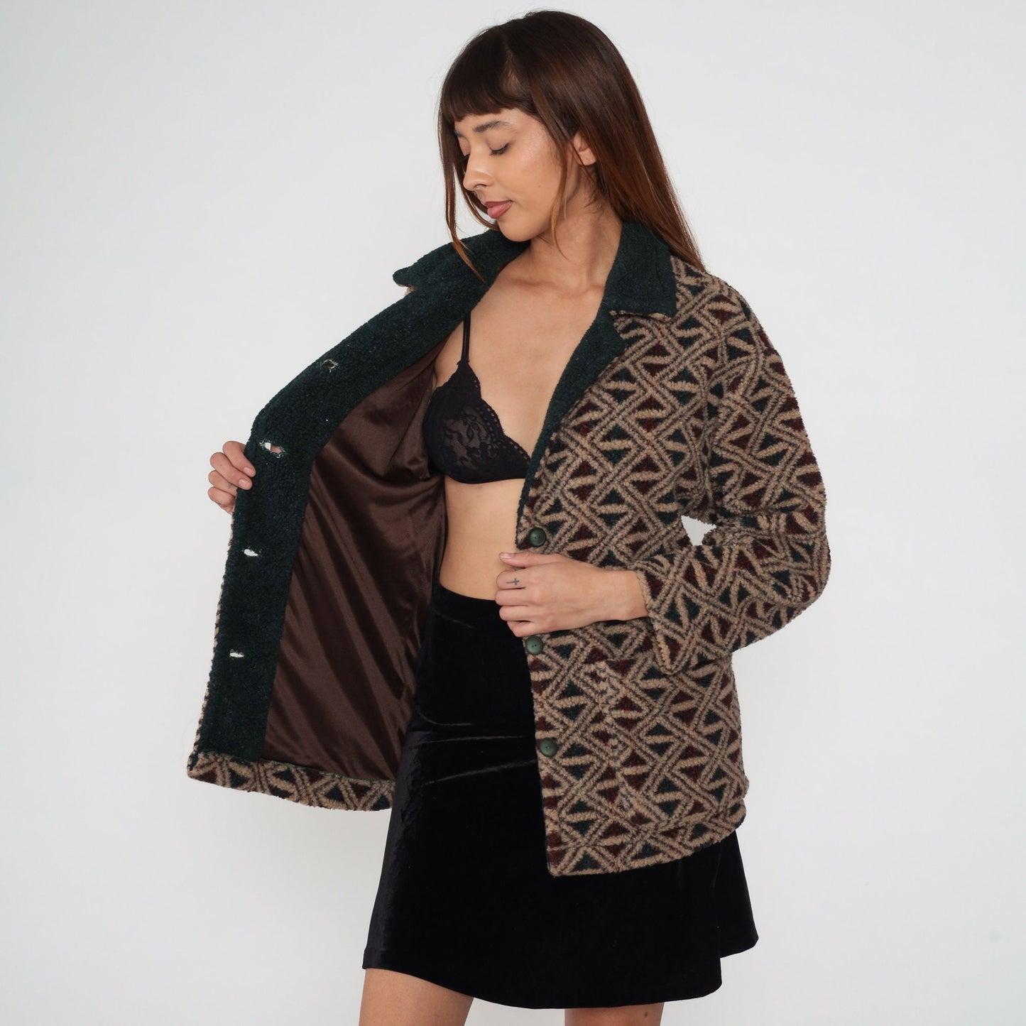 90s Fleece Jacket Abstract Geometric Print Button-Up Tan Green Medium M