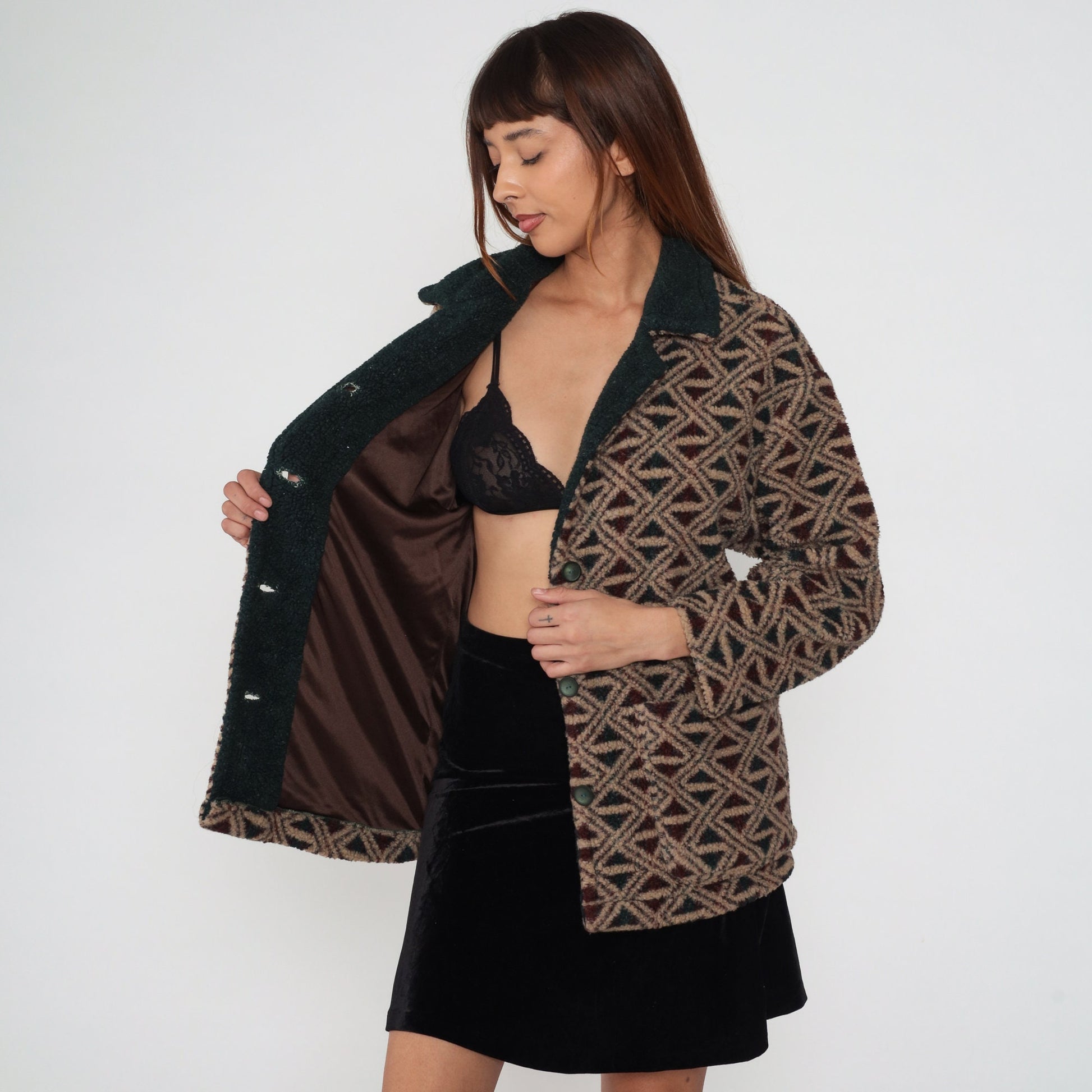 90s Fleece Jacket Abstract Geometric Print Button-Up Tan Green Medium M
