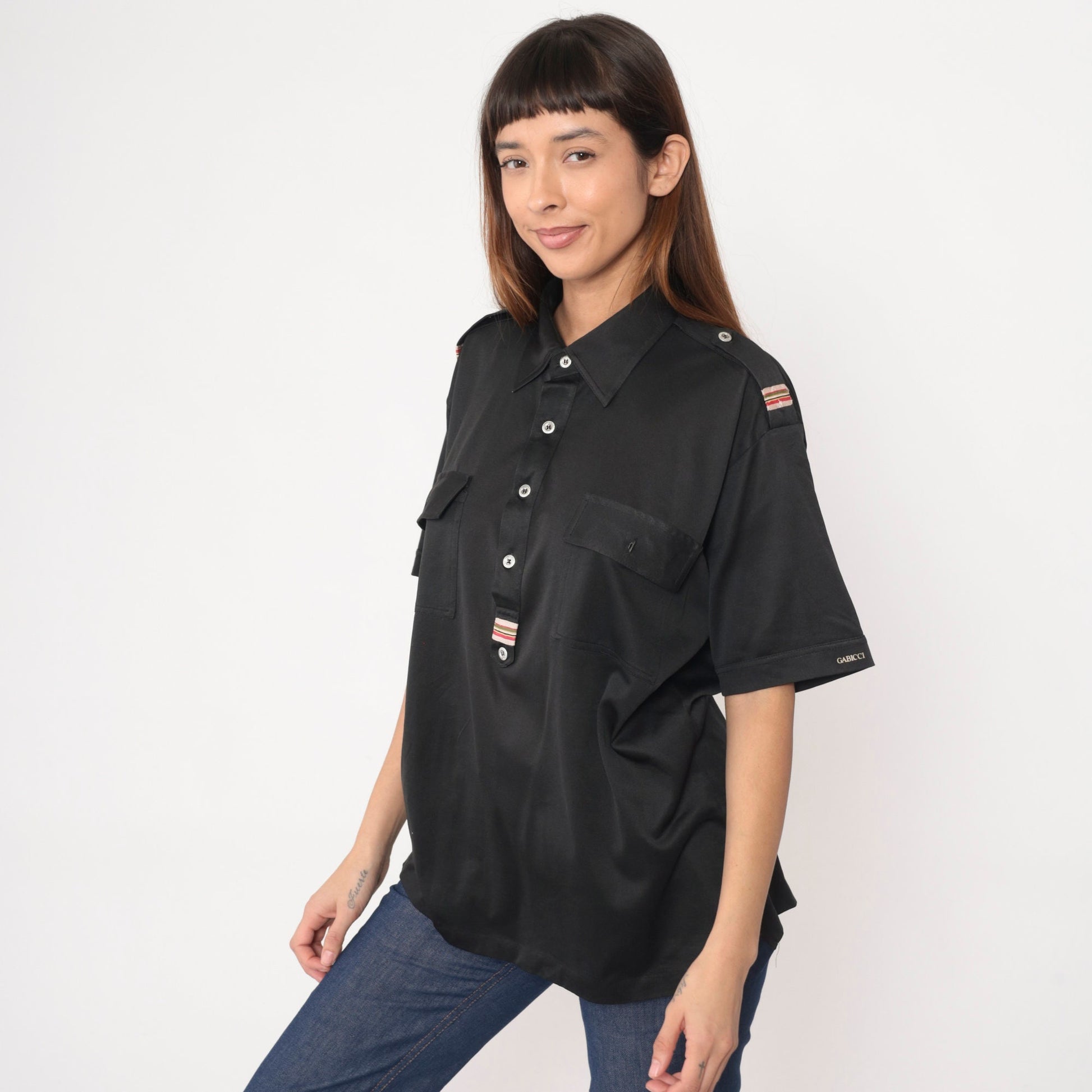 70s Black Polo Shirt Shoulder Epaulette Quarter Button Collar Large