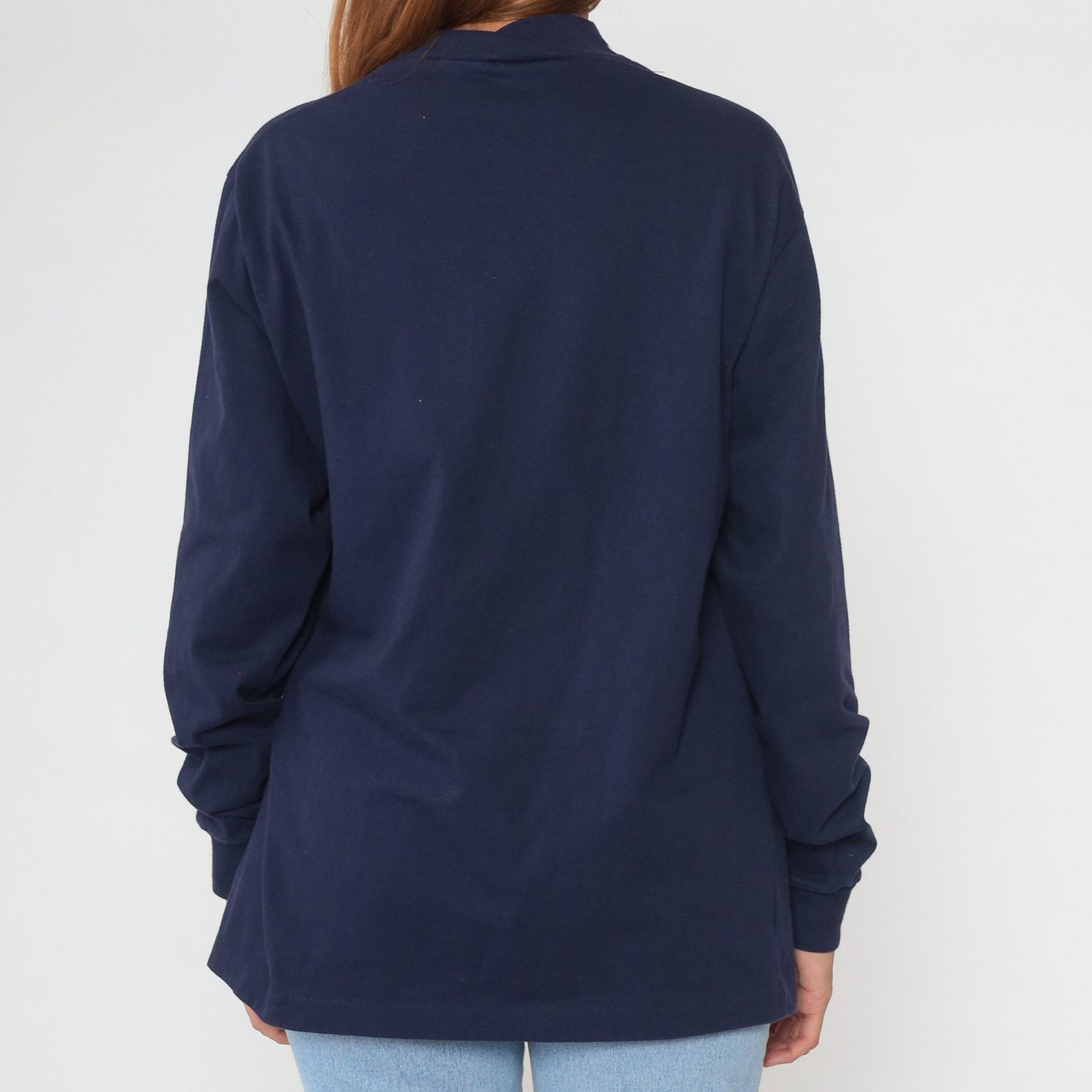90s Navy Mock Neck Long Sleeve Cotton Tee Large L