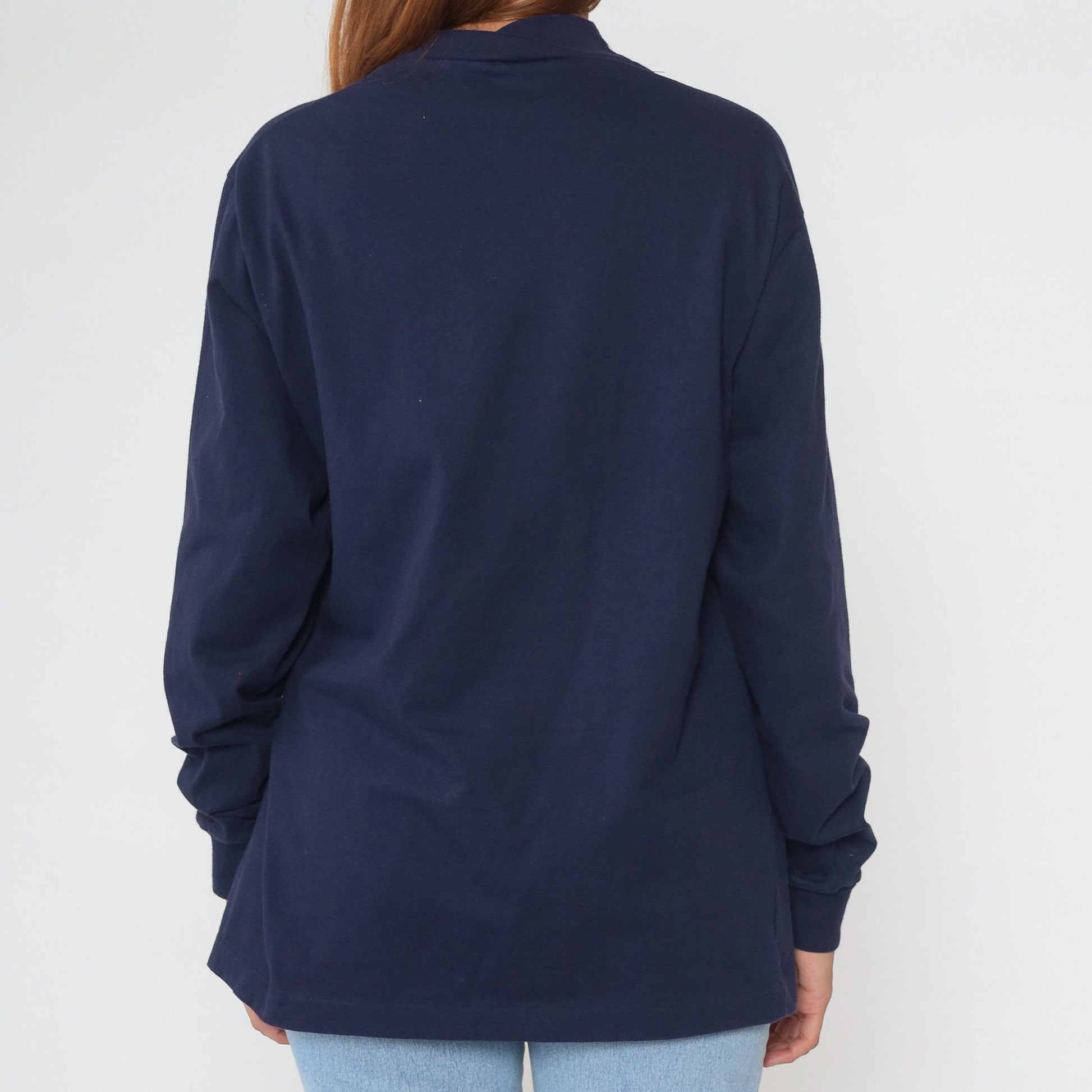 90s Navy Mock Neck Long Sleeve Cotton Tee Large L
