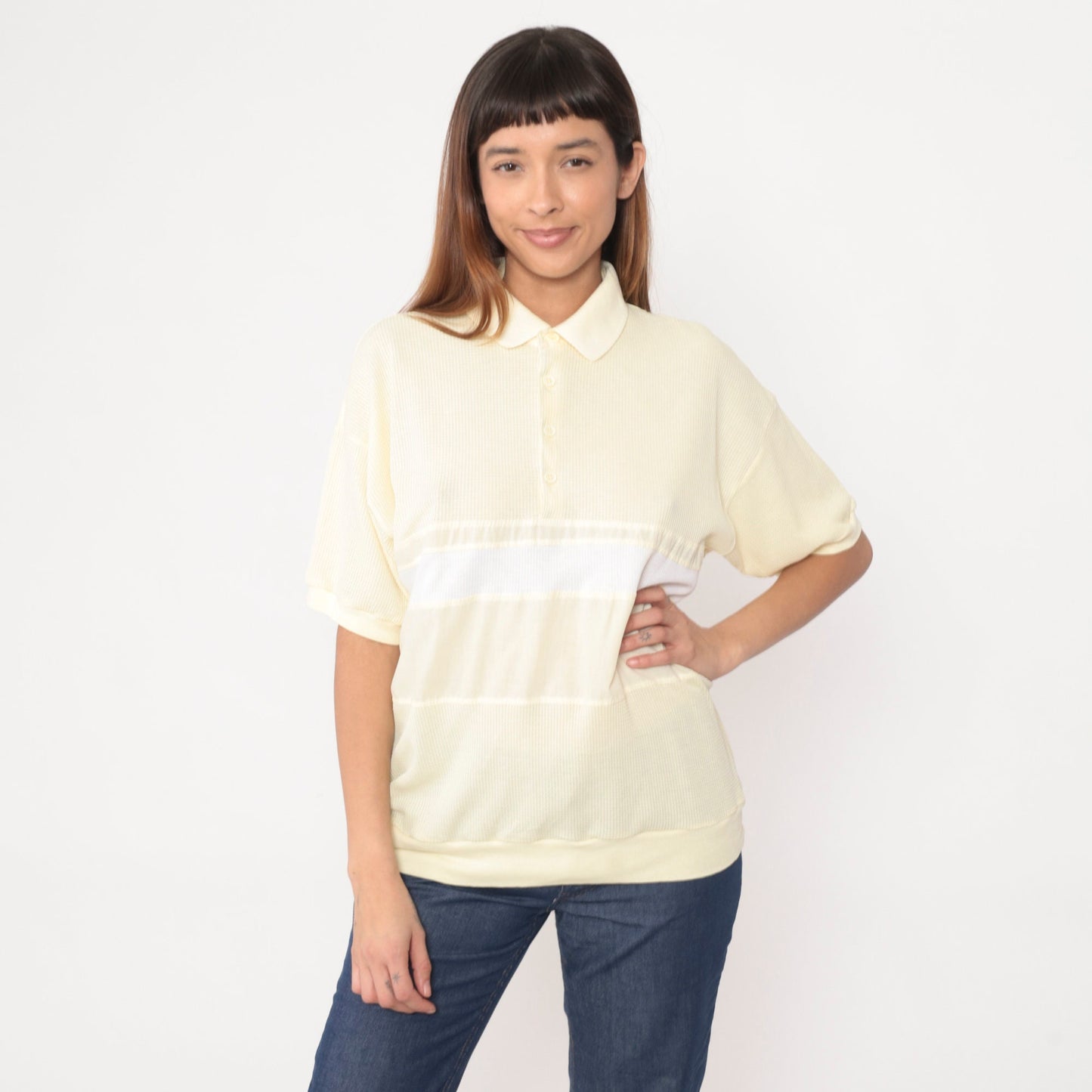 80s Onvoy Polo Shirt Light Yellow Waffle Knit White Stripe Large