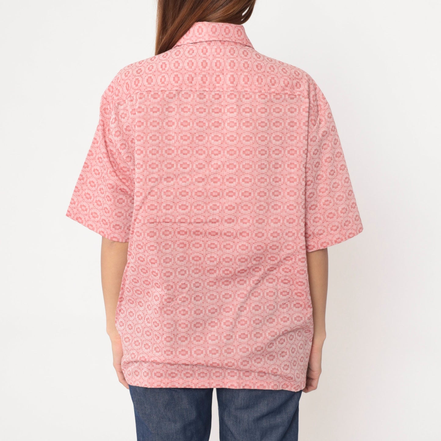 70s Pink Geometric Tile Print Button-Up Shirt Short Sleeve Men's Large