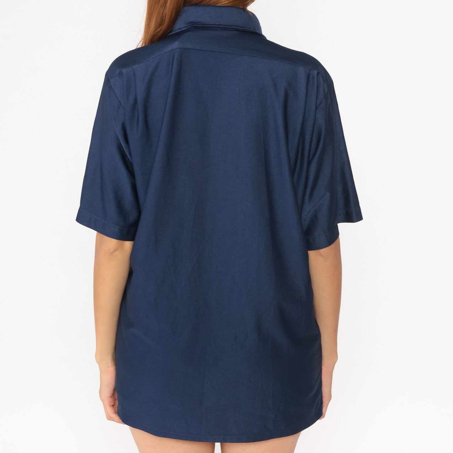 70s Navy Button-Up Shirt Dagger Collar Shiny Disco Short Sleeve Large