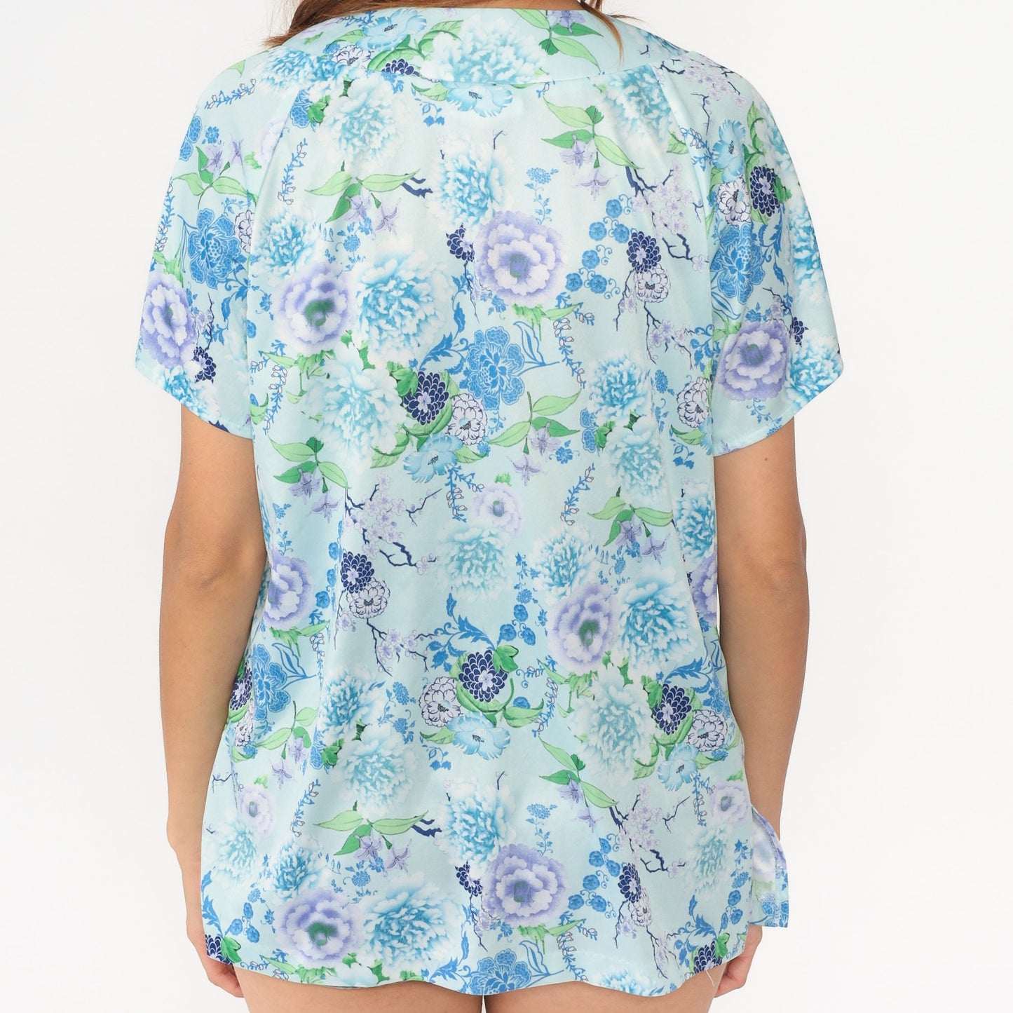 Y2K Light Blue Floral Blouse Short Sleeve Scoop Neck Pullover Medium Large