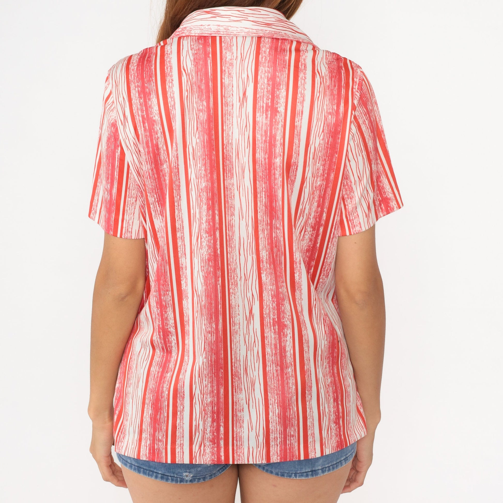70s Graff Striped Button-Up Blouse Coral Red Orange White Short Sleeve Large