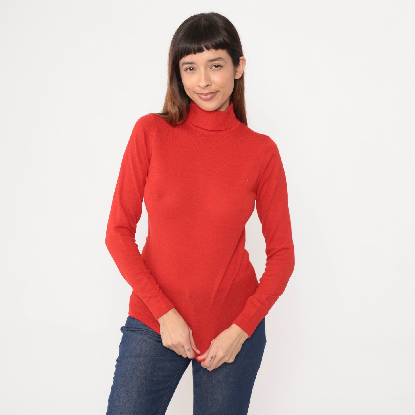 70s Red Wool Blend Turtleneck Sweater Long Sleeve Ribbed Knit Small