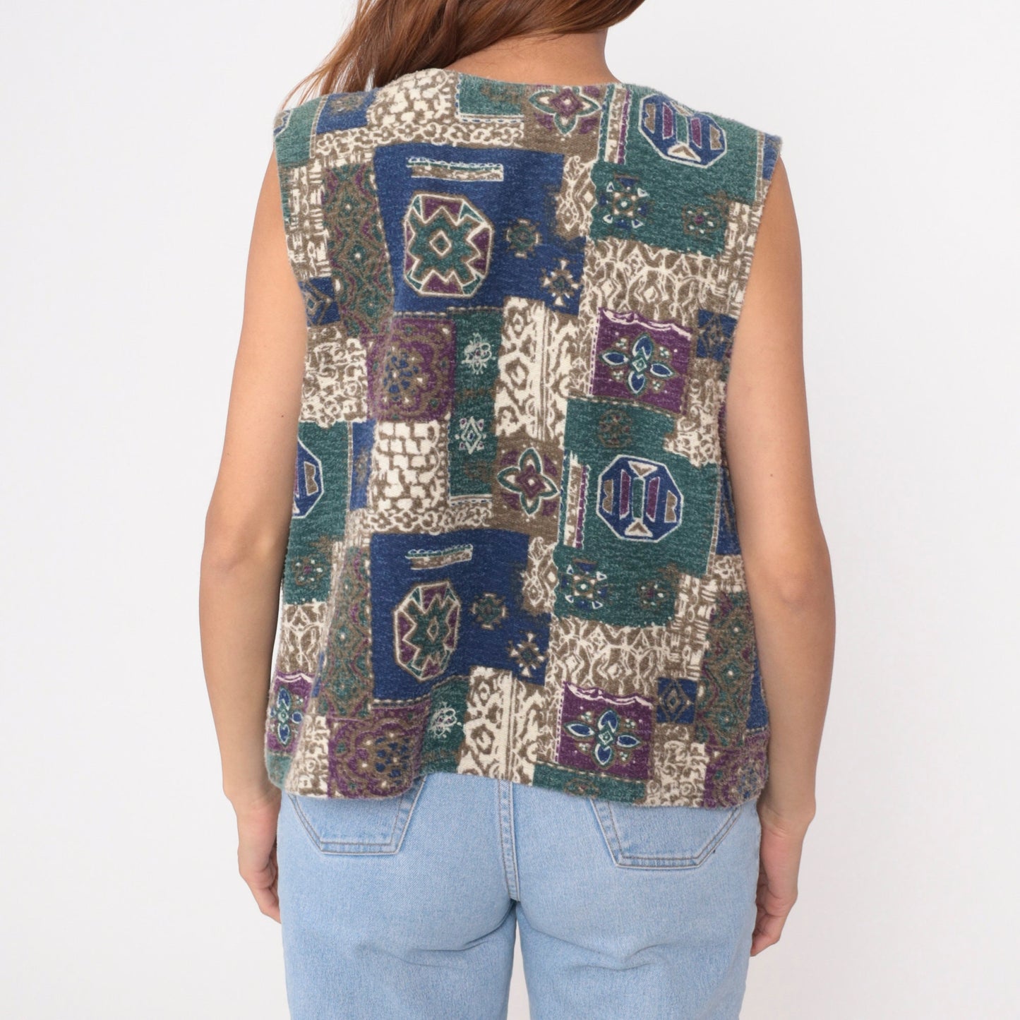 90s Southwestern Patchwork Geometric Button Vest Sleeveless Blue Green Purple Extra Large XXL