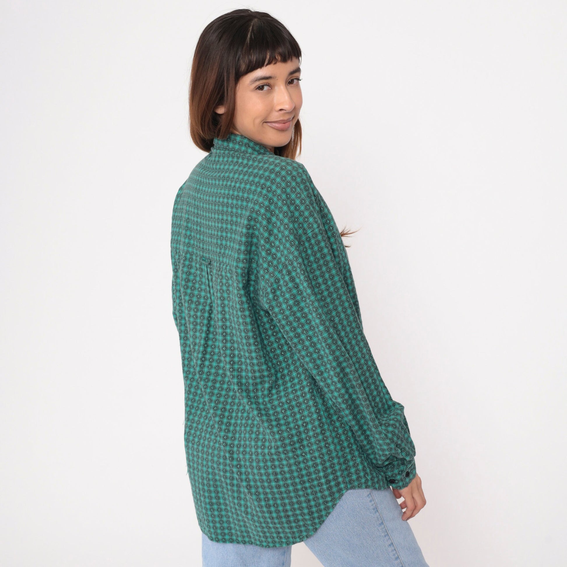 90s Green Black Checkered Button-Up Oxford Shirt Long Sleeve Men's Medium
