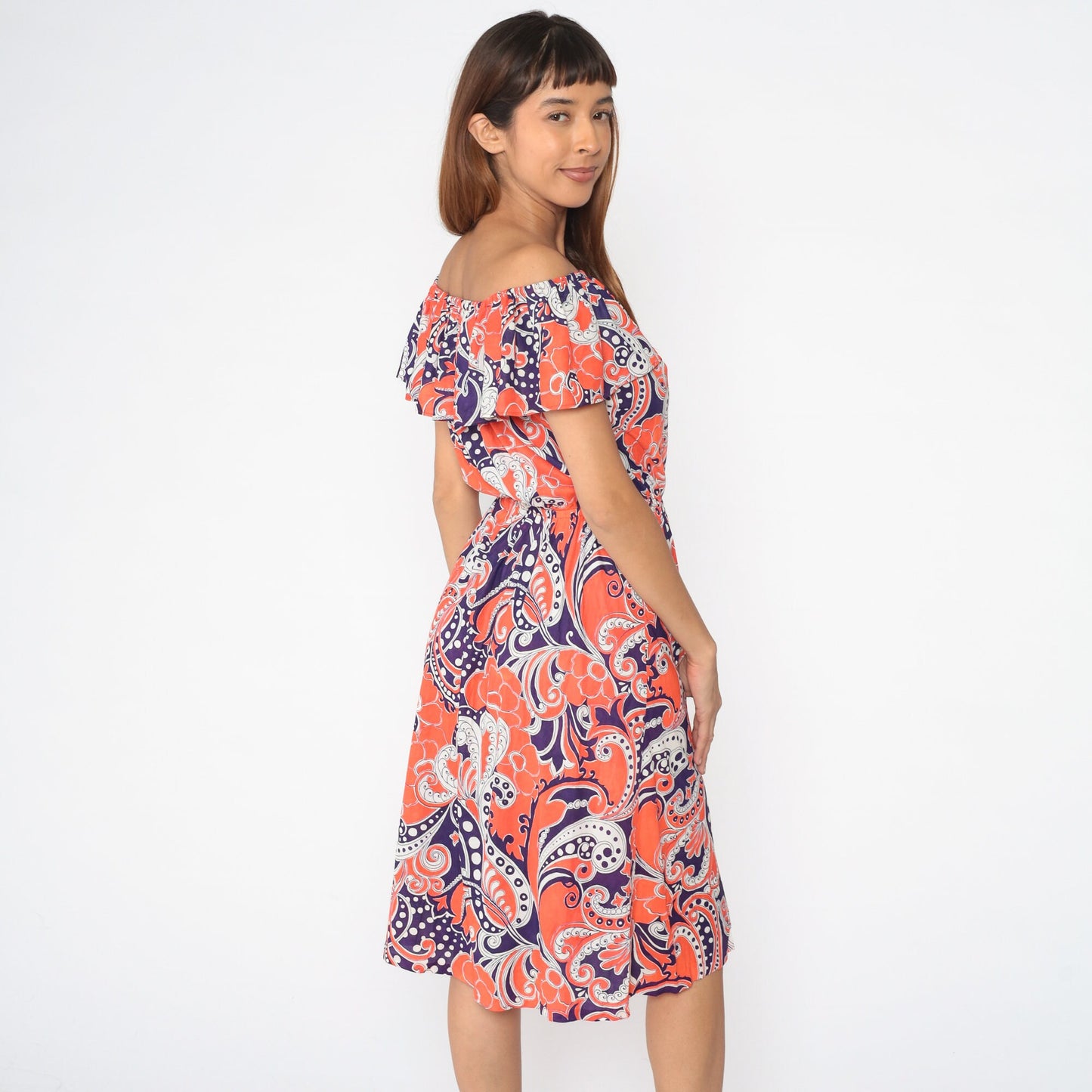 70s Psychedelic Paisley Midi Dress Off-Shoulder High Waist Purple Orange Small
